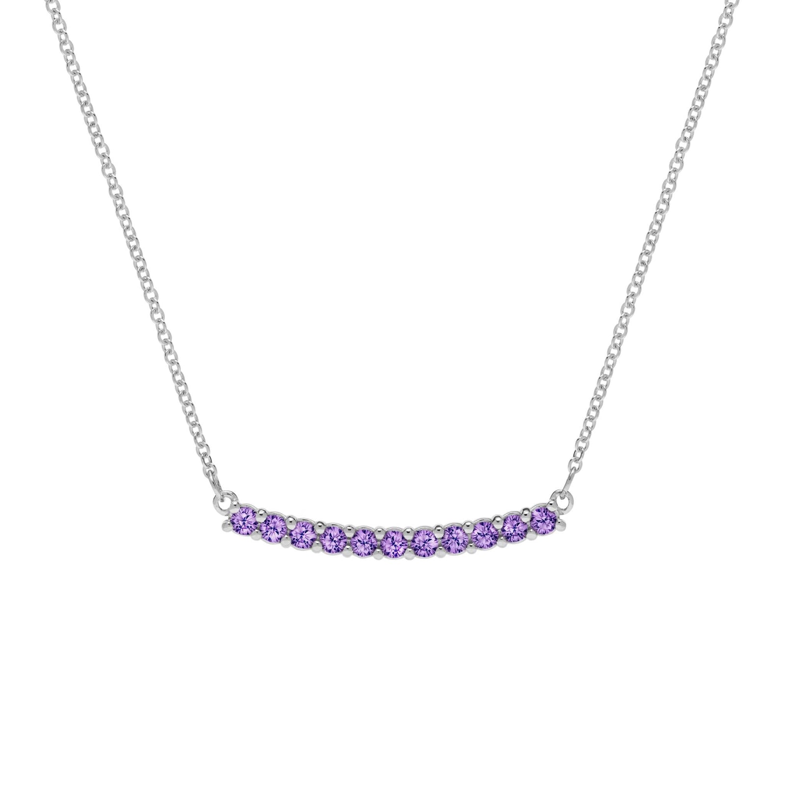 Rosecliff bar necklace with eleven 2 mm faceted round cut amethysts prong set in solid 14k white gold