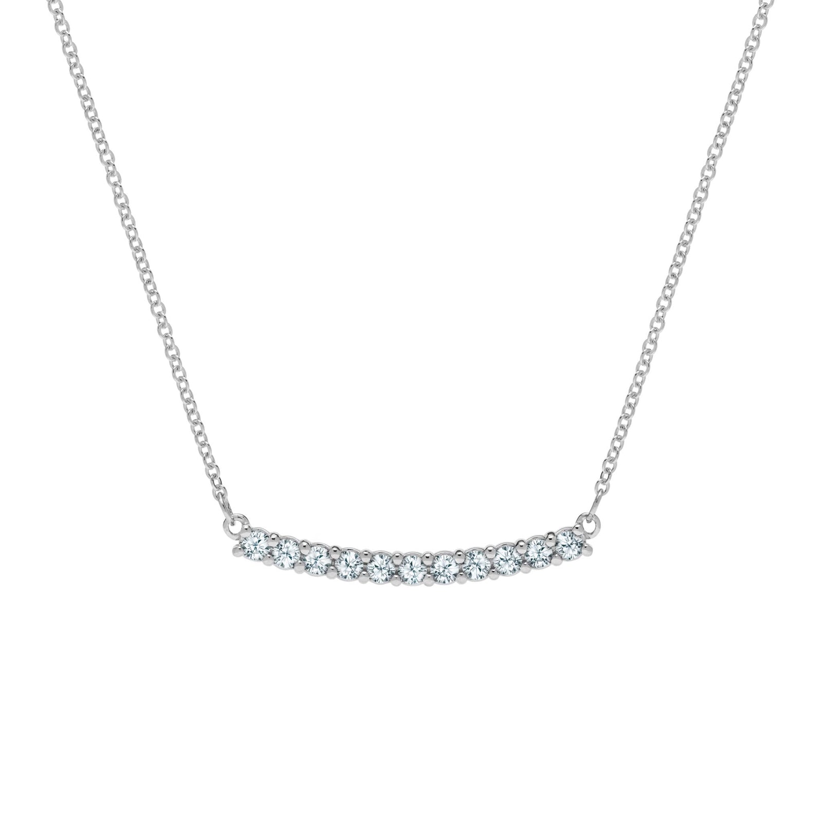 Rosecliff bar necklace with eleven 2 mm faceted round cut aquamarines prong set in solid 14k white gold