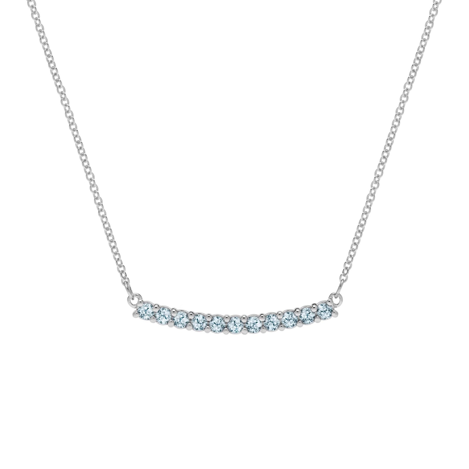 Rosecliff bar necklace with eleven 2 mm faceted round cut Nantucket blue topaz prong set in solid 14k white gold