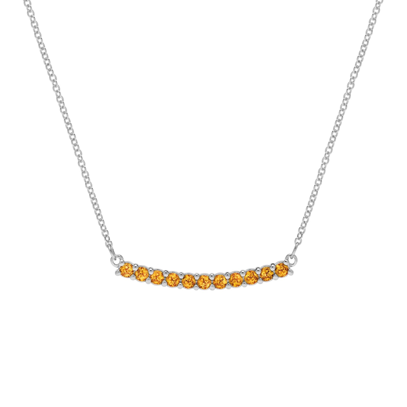 Rosecliff bar necklace with eleven 2 mm faceted round cut citrines prong set in solid 14k white gold