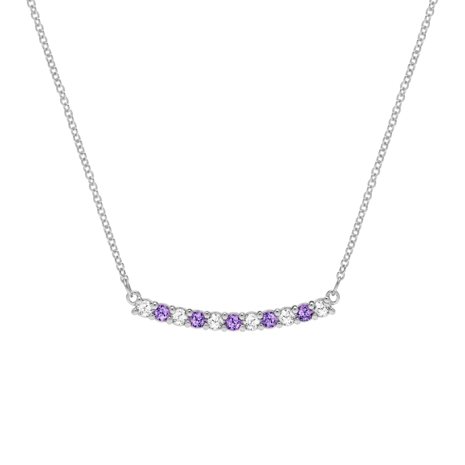 Rosecliff bar necklace with eleven alternating 2 mm faceted round cut amethysts and diamonds prong set in 14k white gold