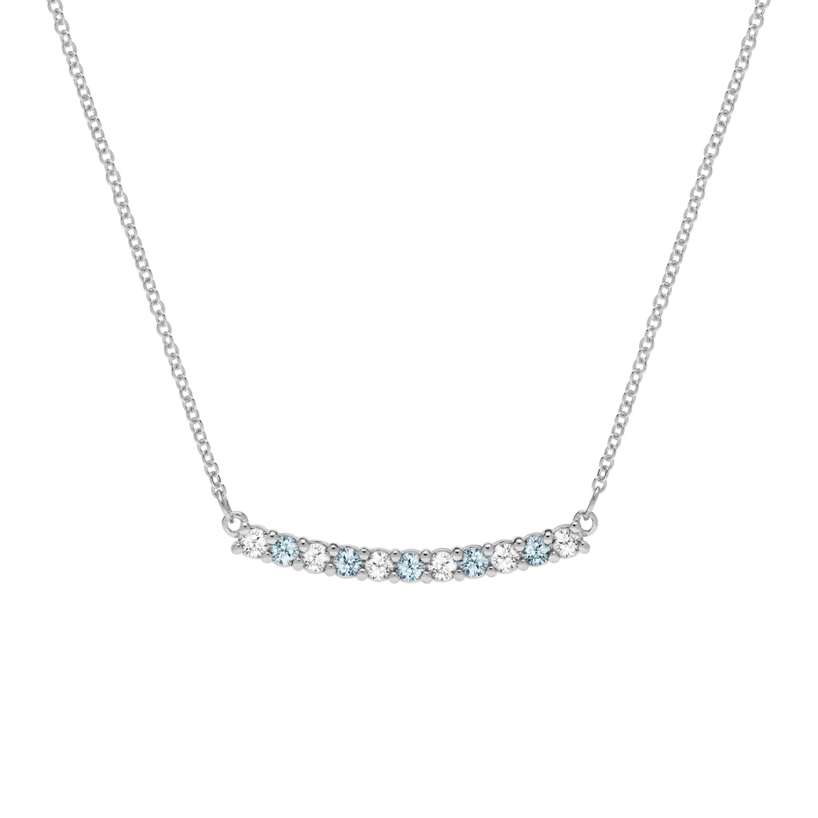 Rosecliff bar necklace with eleven alternating 2 mm round cut Nantucket blue topaz and diamonds prong set in 14k white gold