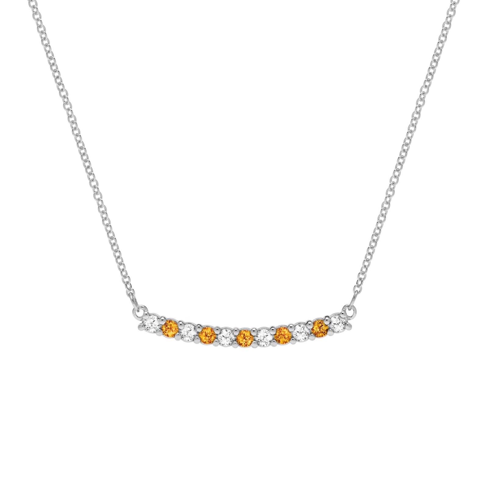 Rosecliff bar necklace with eleven alternating 2 mm faceted round cut citrines and diamonds prong set in 14k white gold