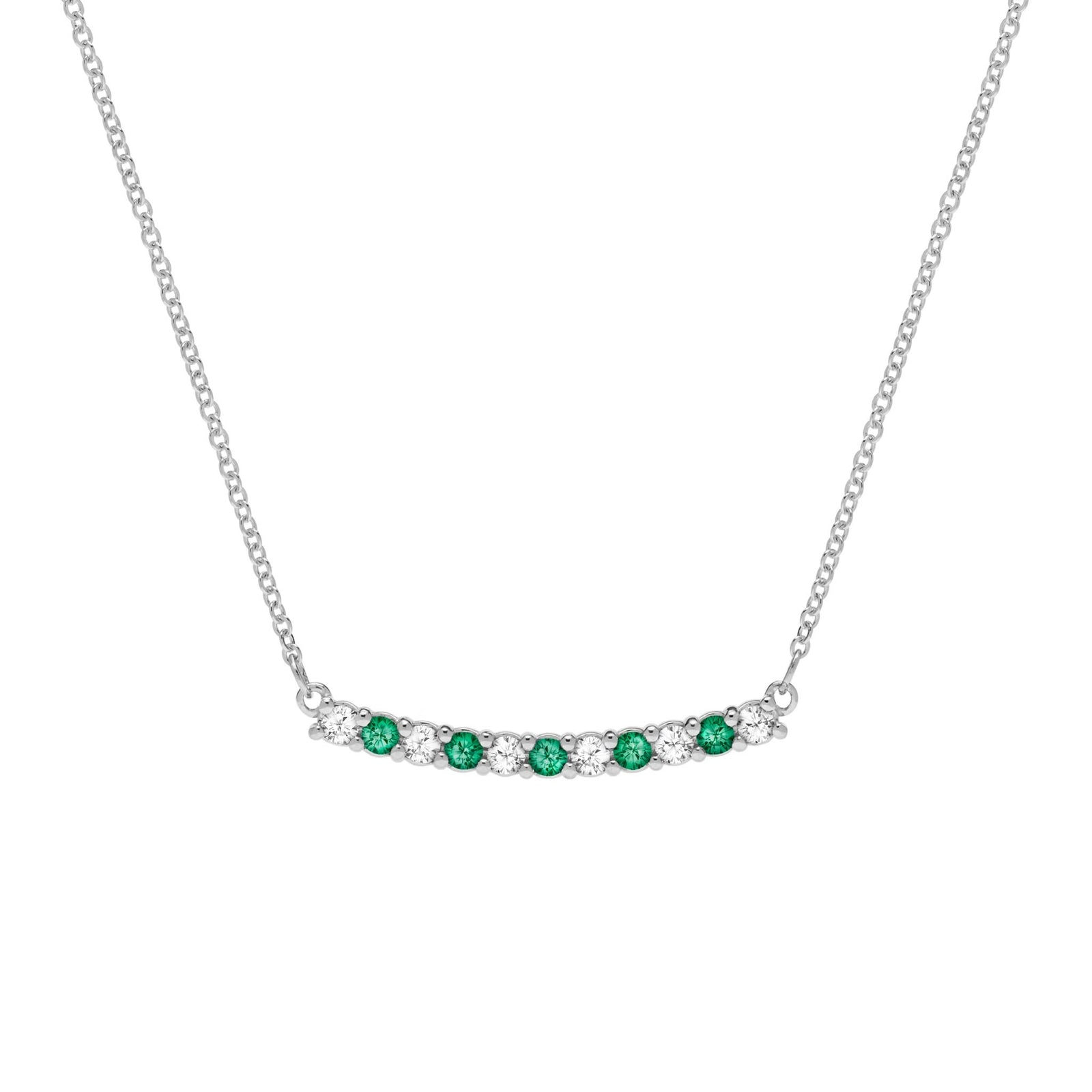 Rosecliff bar necklace with eleven alternating 2 mm faceted round cut emeralds and diamonds prong set in 14k white gold
