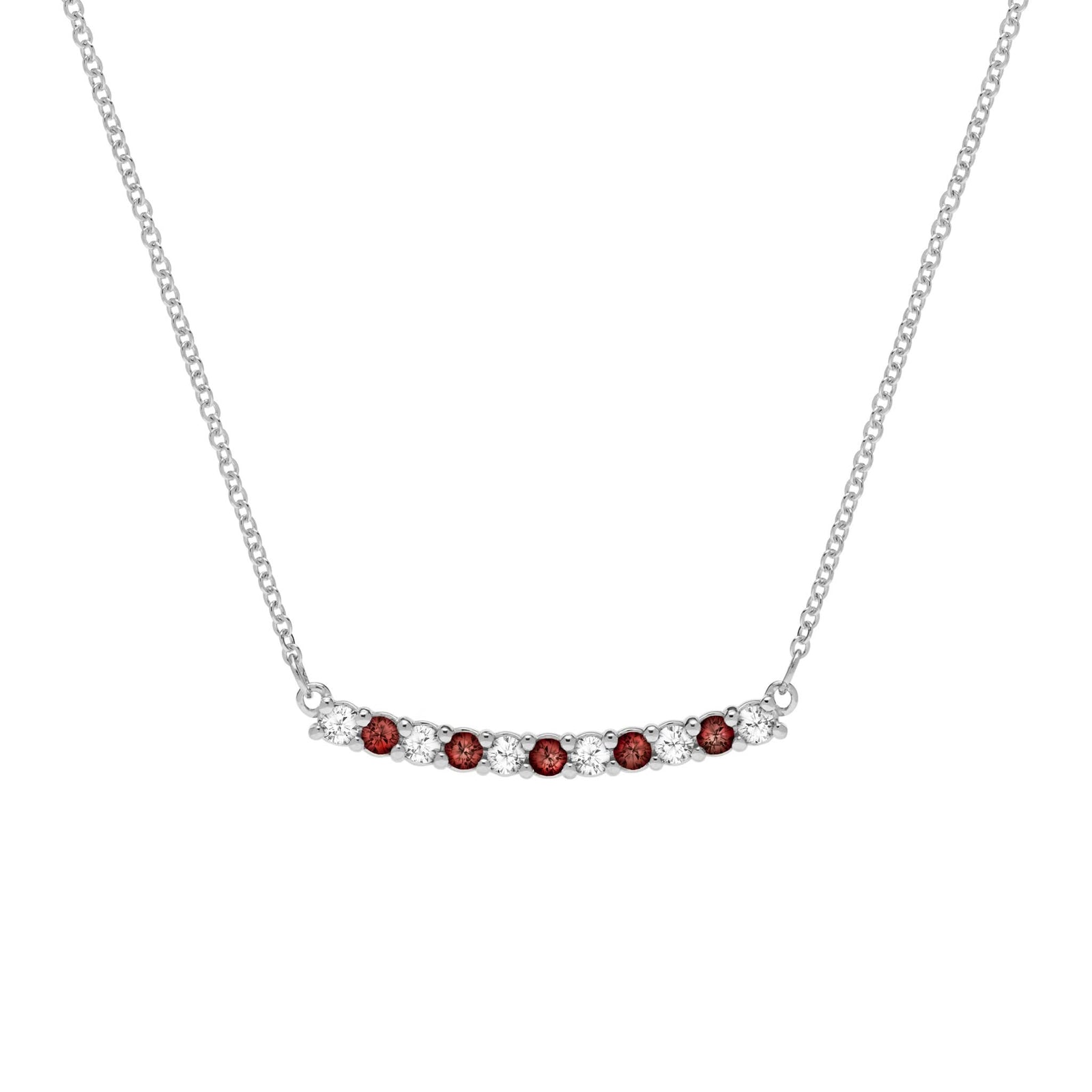 Rosecliff bar necklace with eleven alternating 2 mm faceted round cut garnets and diamonds prong set in 14k white gold