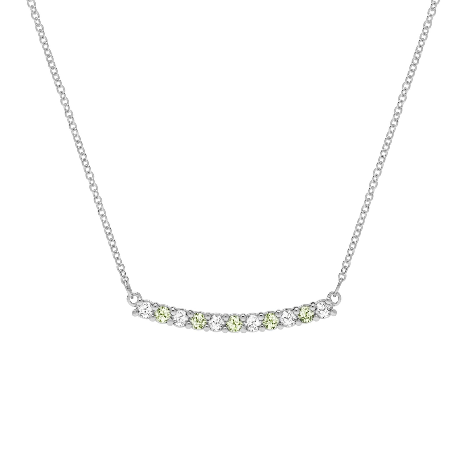 Rosecliff bar necklace with eleven alternating 2 mm faceted round cut peridots and diamonds prong set in 14k white gold