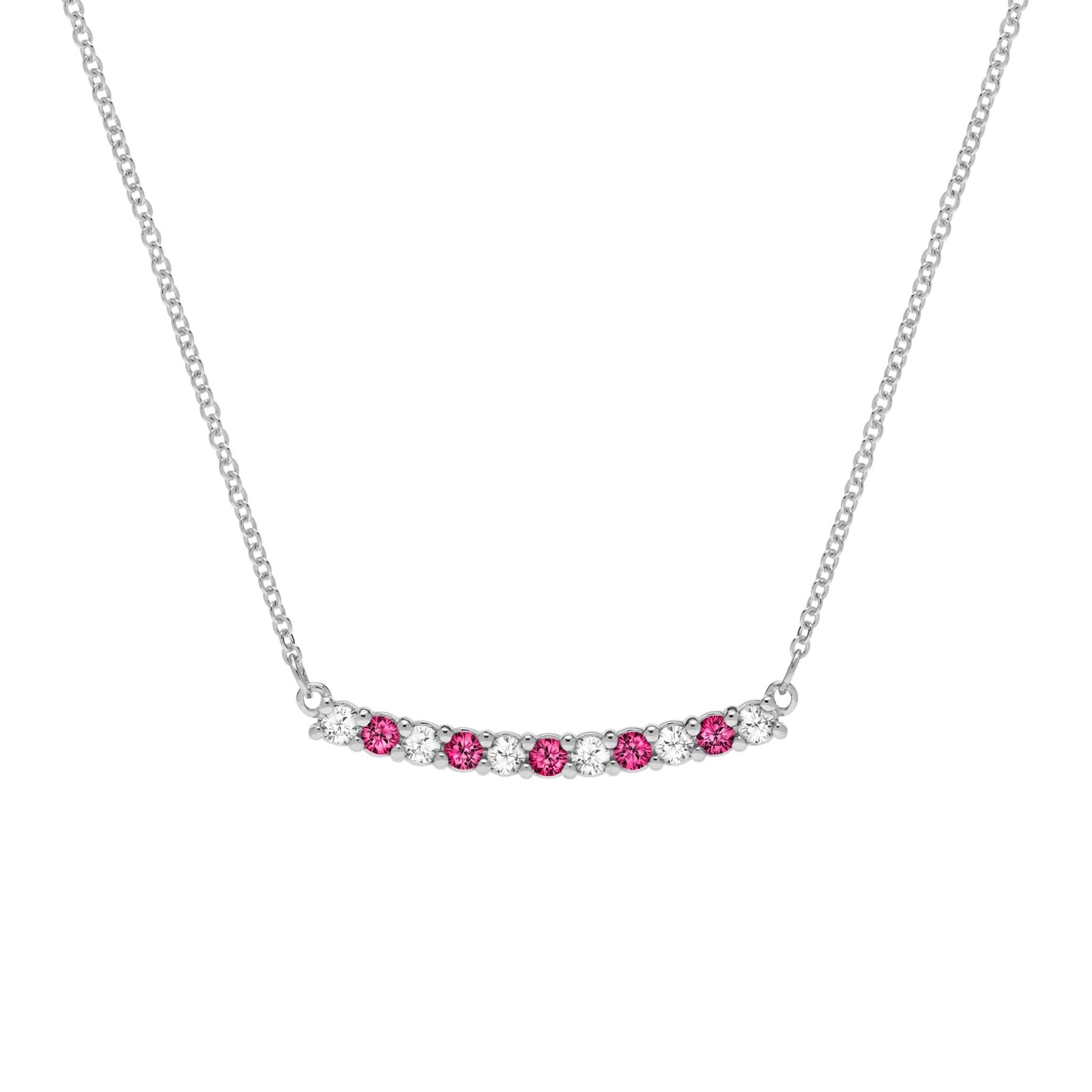 Rosecliff bar necklace with eleven alternating 2 mm faceted round cut rubies and diamonds prong set in 14k white gold