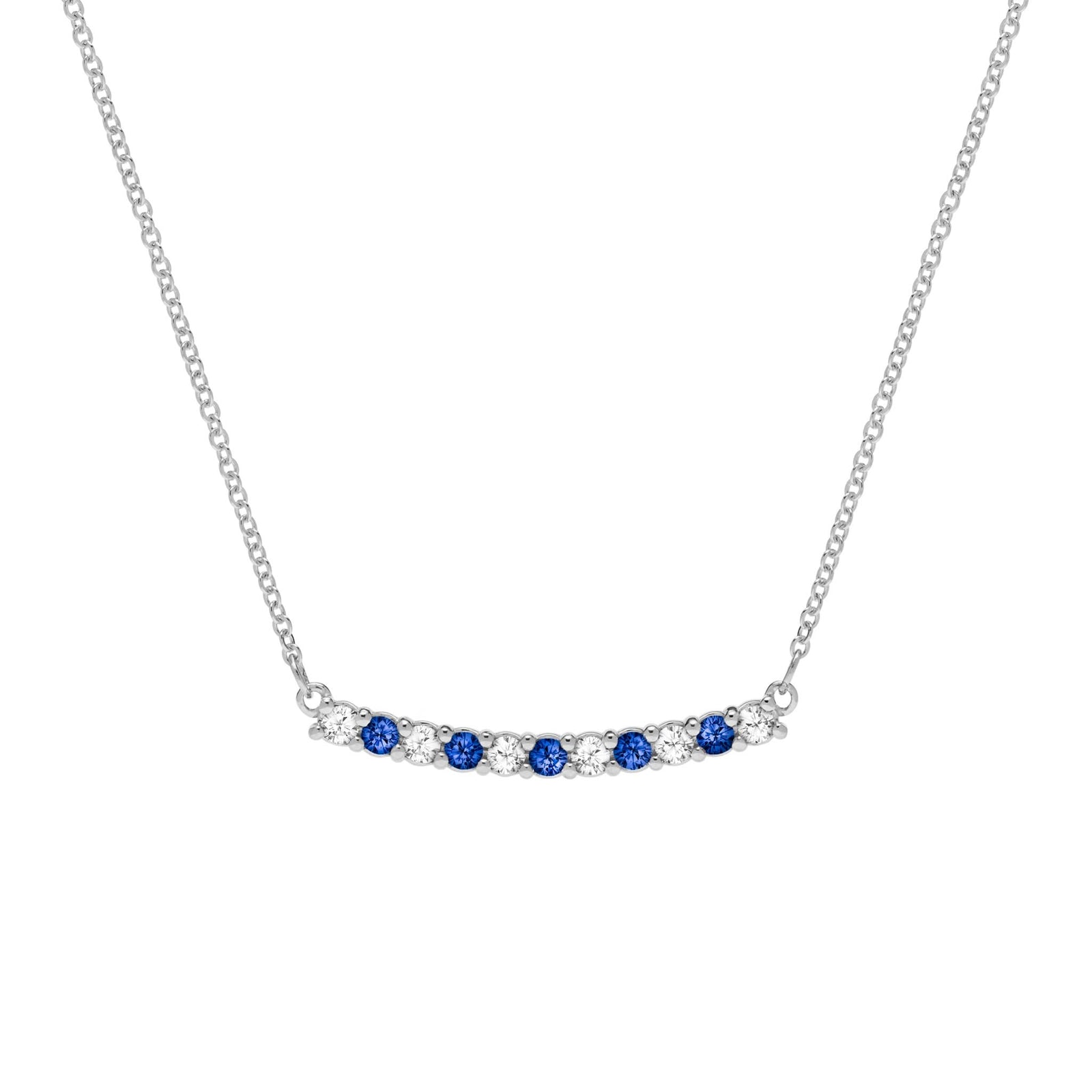 Rosecliff bar necklace with eleven alternating 2 mm faceted round cut sapphires and diamonds prong set in 14k white gold