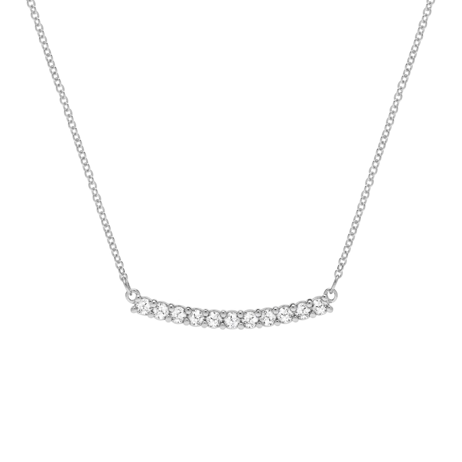 Rosecliff bar necklace with eleven 2 mm faceted round cut diamonds prong set in solid 14k white gold