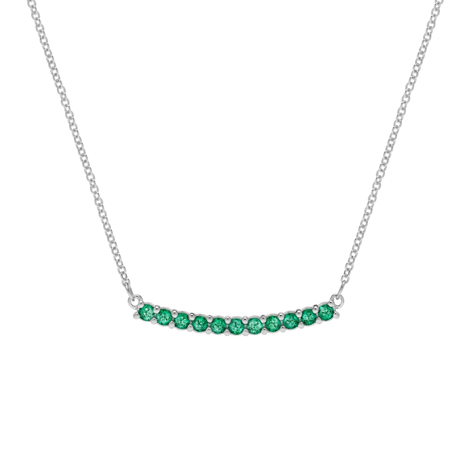 Rosecliff bar necklace with eleven 2 mm faceted round cut emeralds prong set in solid 14k white gold