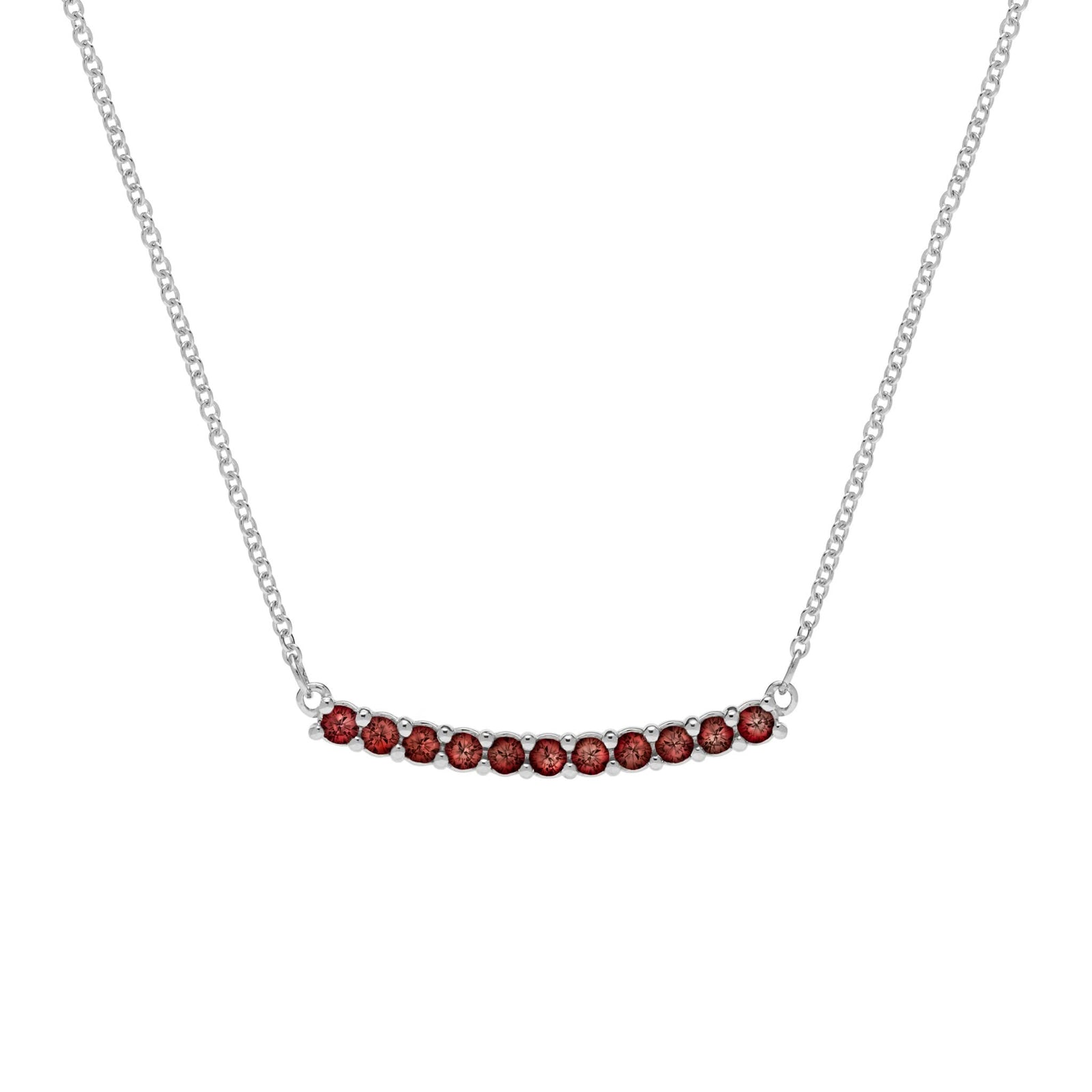 Rosecliff bar necklace with eleven 2 mm faceted round cut garnets prong set in solid 14k white gold