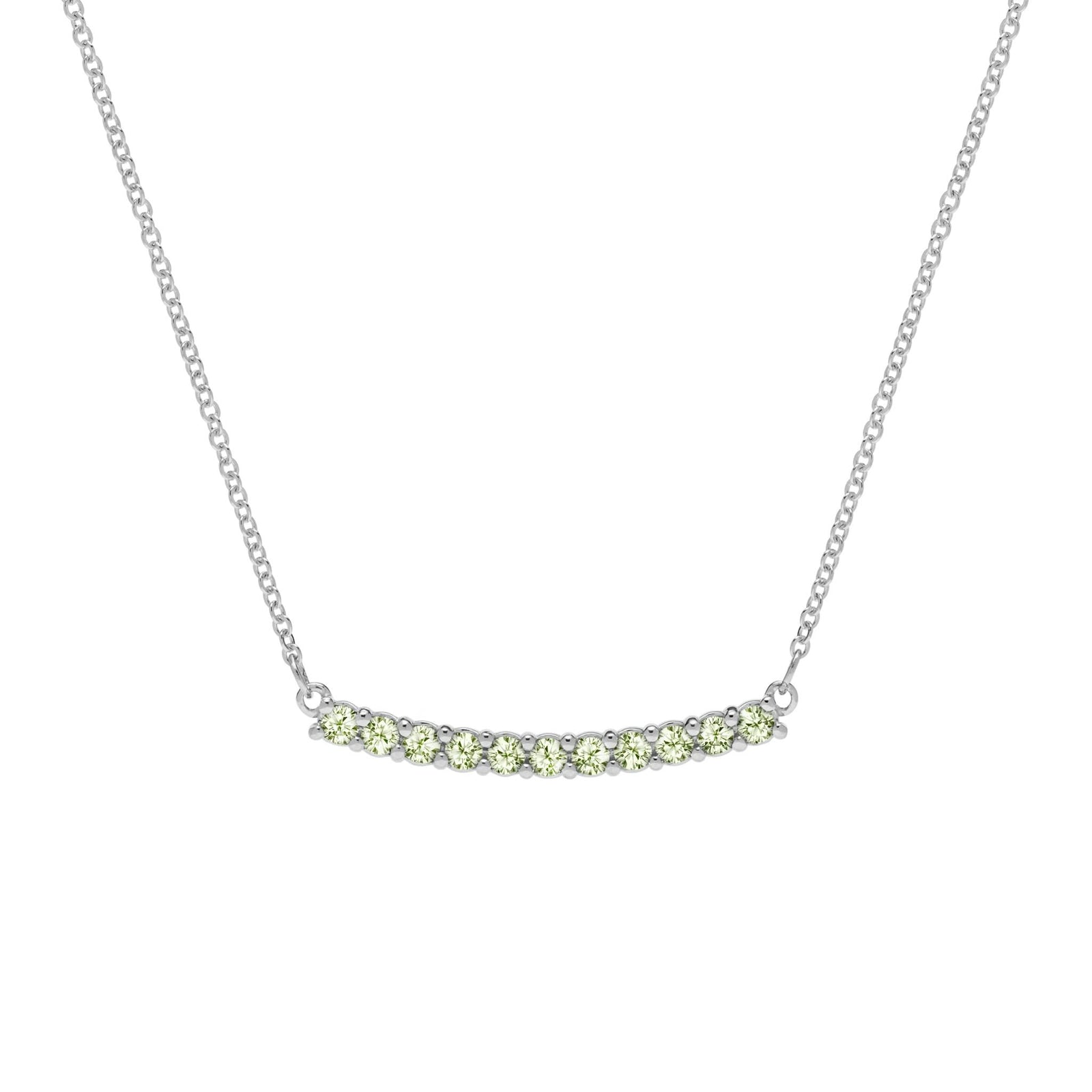 Rosecliff bar necklace with eleven 2 mm faceted round cut peridots prong set in solid 14k white gold