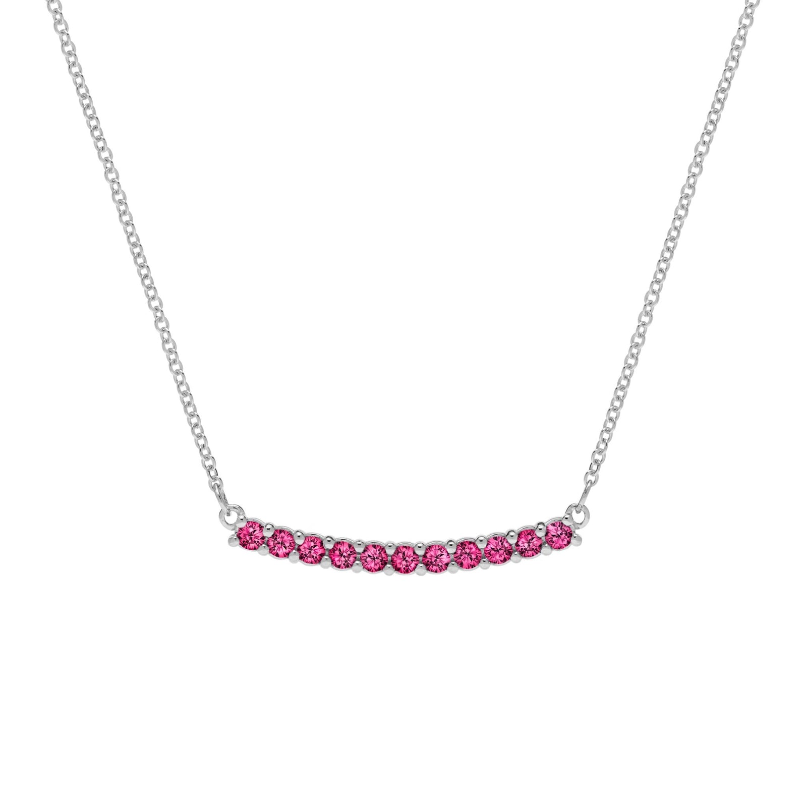 Rosecliff bar necklace with eleven 2 mm faceted round cut rubies prong set in solid 14k white gold