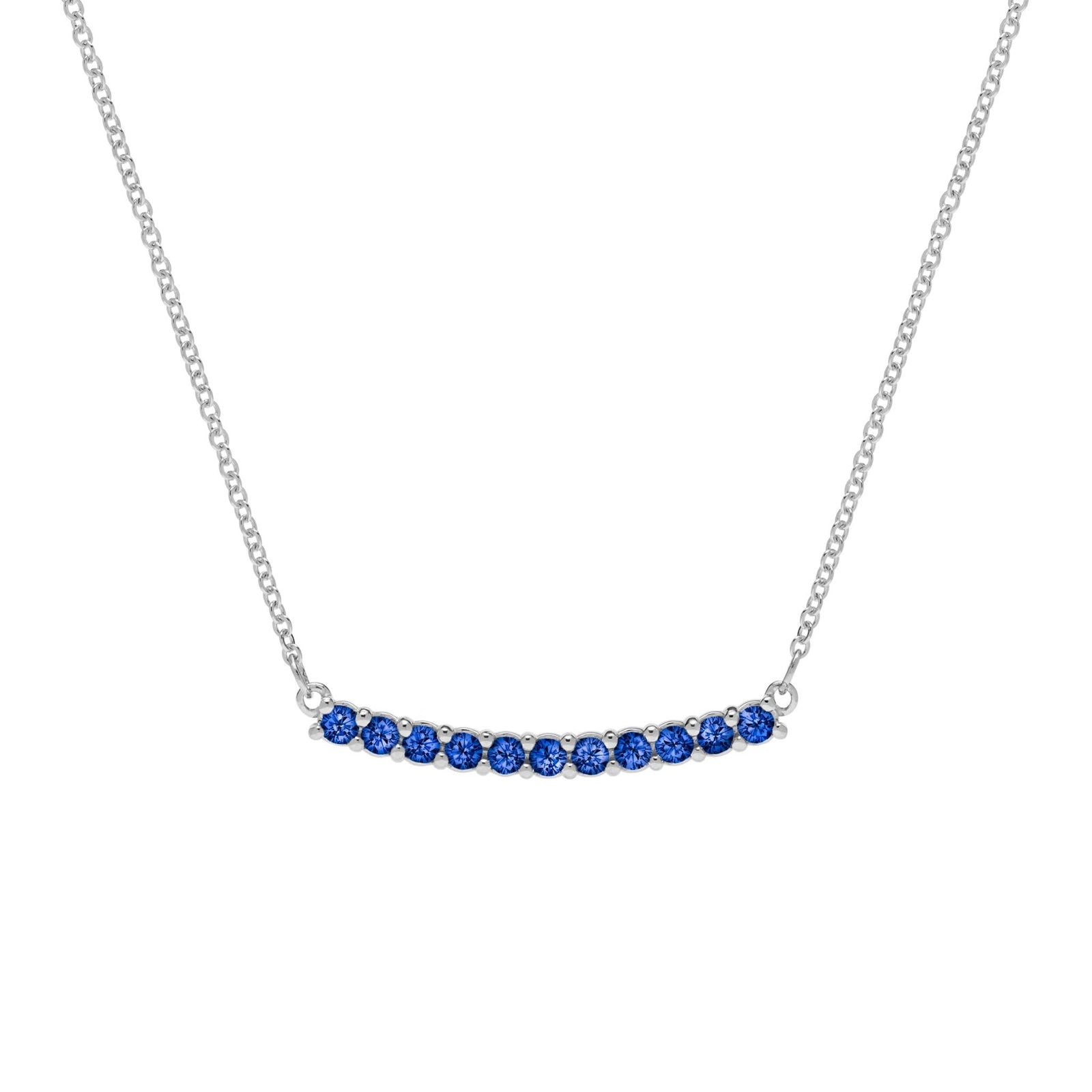 Rosecliff bar necklace with eleven 2 mm faceted round cut sapphires prong set in solid 14k white gold