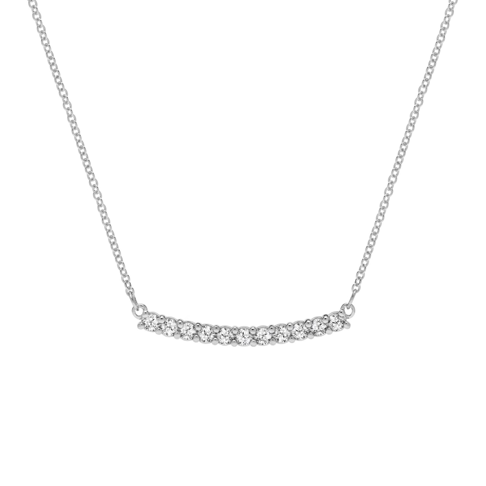 Rosecliff bar necklace with eleven 2 mm faceted round cut white topaz prong set in solid 14k white gold