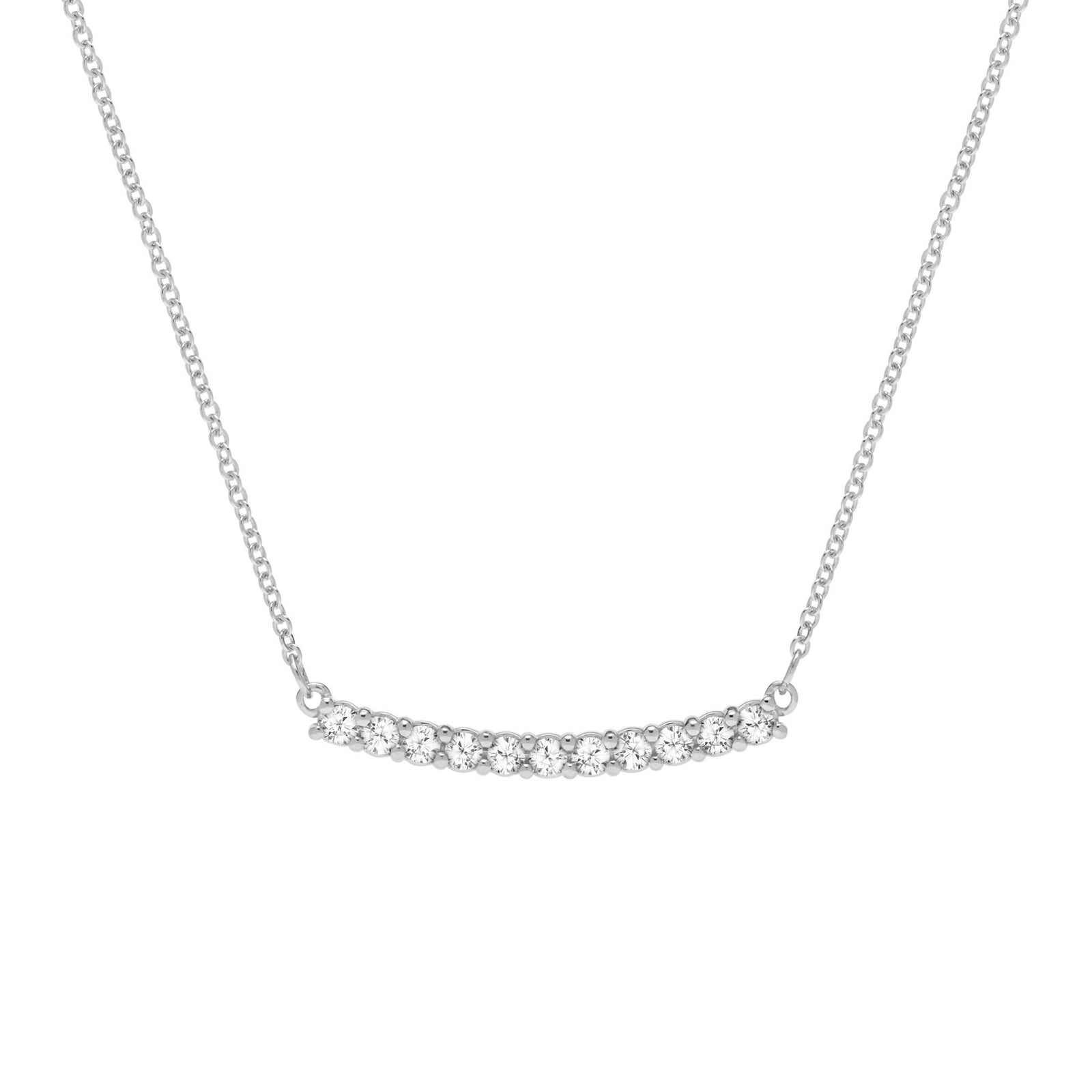 Rosecliff bar necklace with eleven 2 mm faceted round cut white topaz prong set in solid 14k white gold