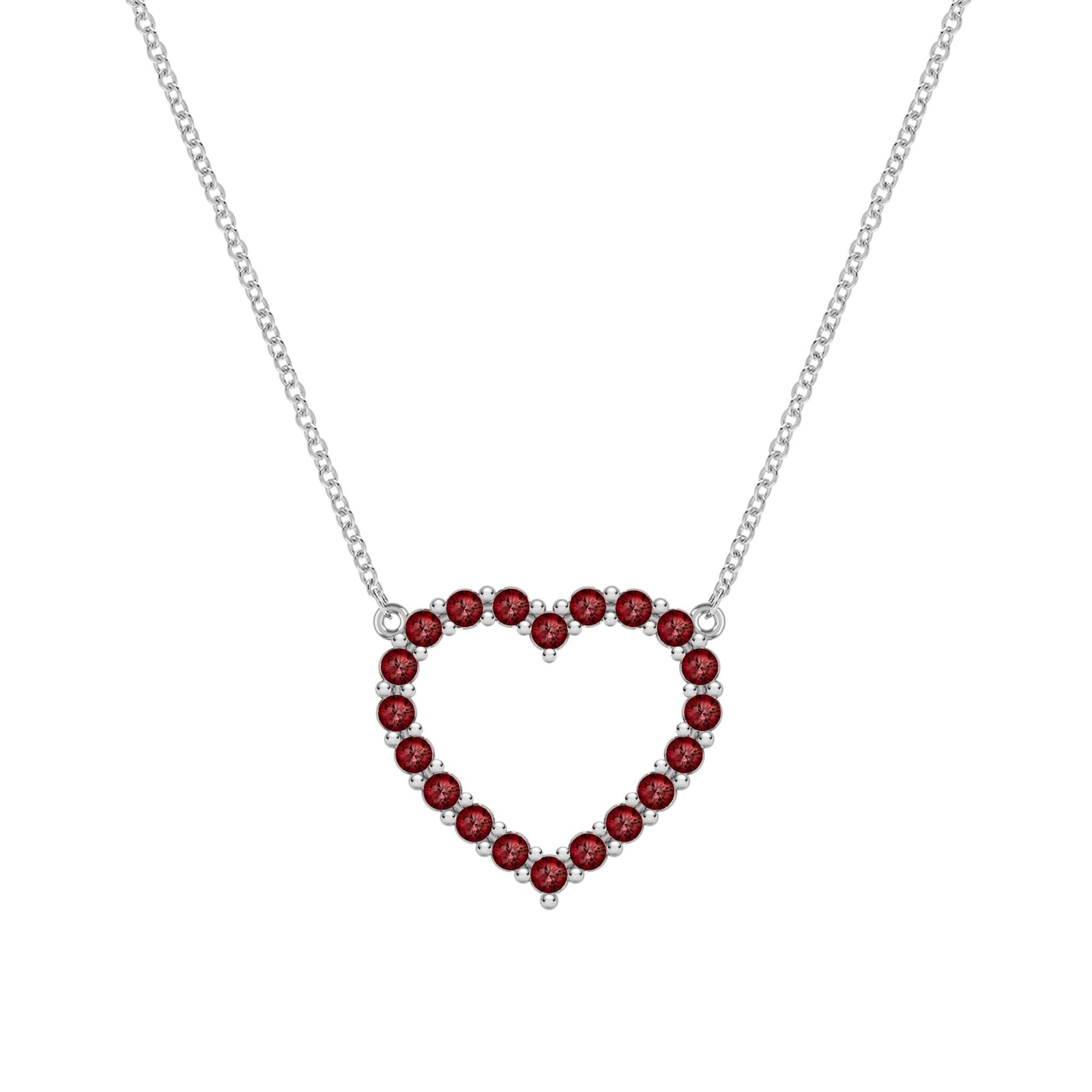 Rosecliff Heart Necklace featuring twenty faceted round cut garnets prong set in 14k white Gold