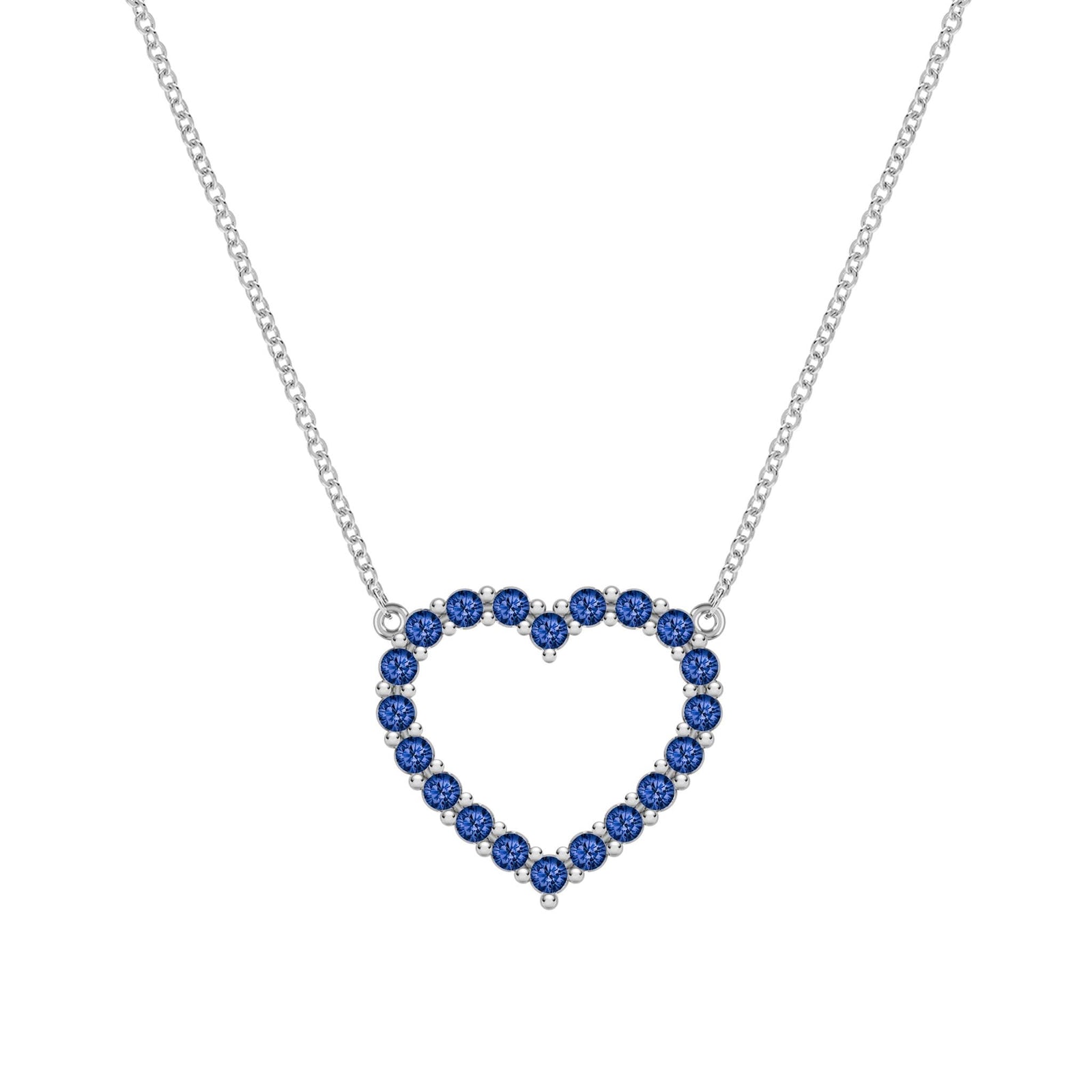 Rosecliff Heart Necklace featuring twenty faceted round cut sapphires prong set in 14k white Gold