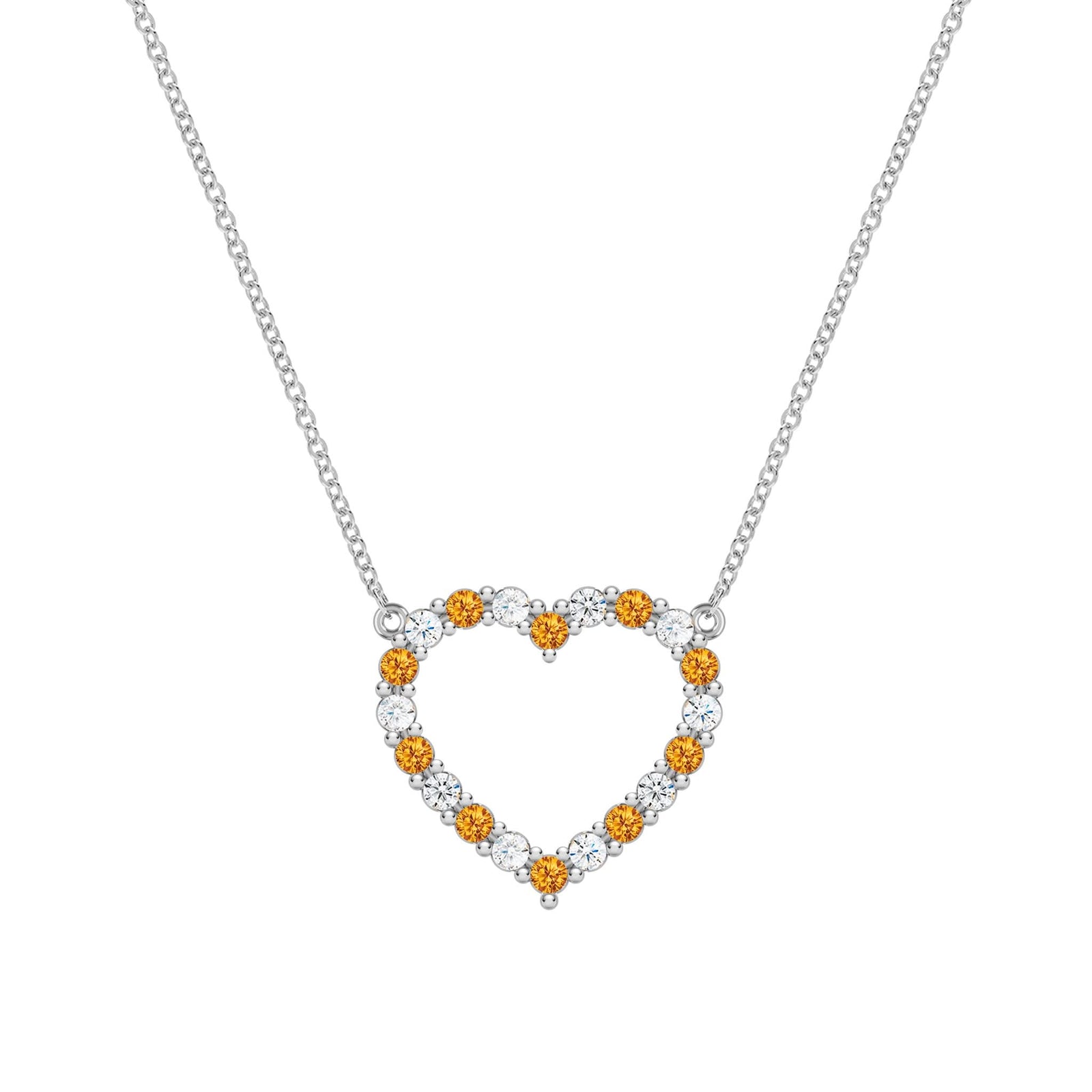 Rosecliff Heart Necklace featuring twenty alternating citrines and diamonds prong set in 14k white Gold
