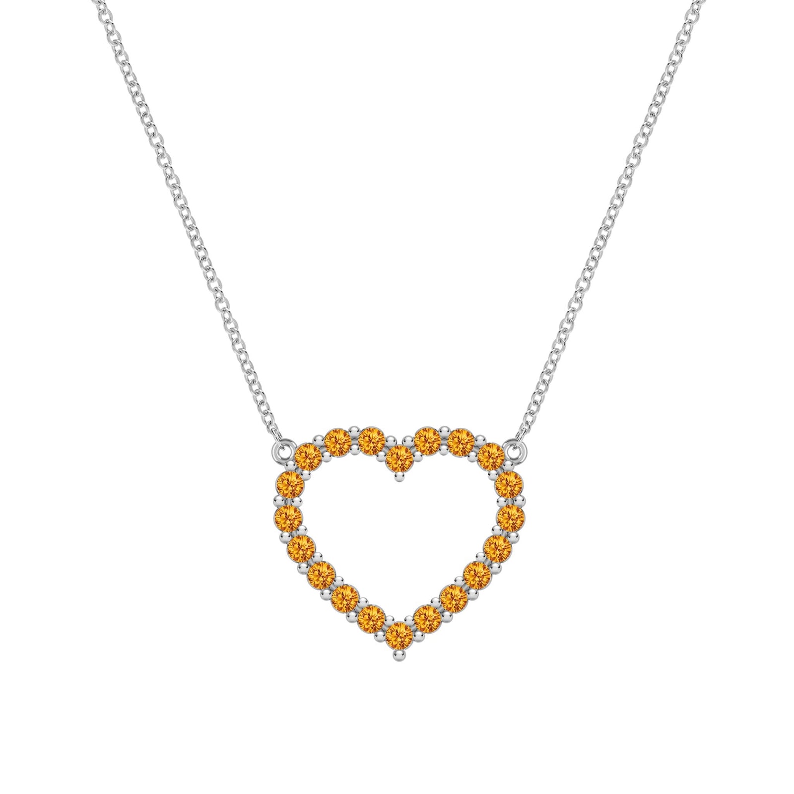 Rosecliff Heart Necklace featuring twenty faceted round cut citrines prong set in 14k white Gold