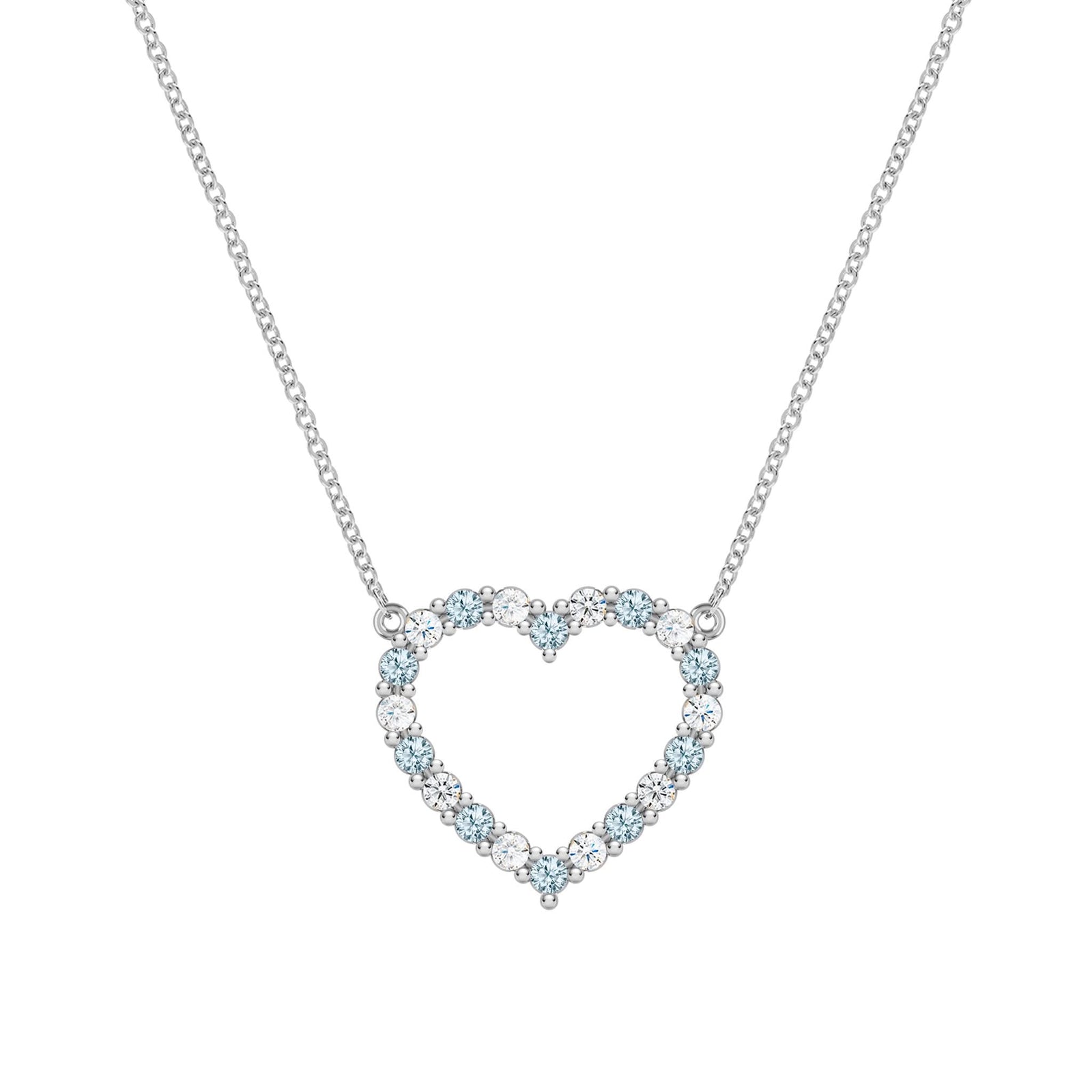 Rosecliff Heart Necklace featuring twenty alternating Nantucket blue topaz and diamonds prong set in 14k white Gold