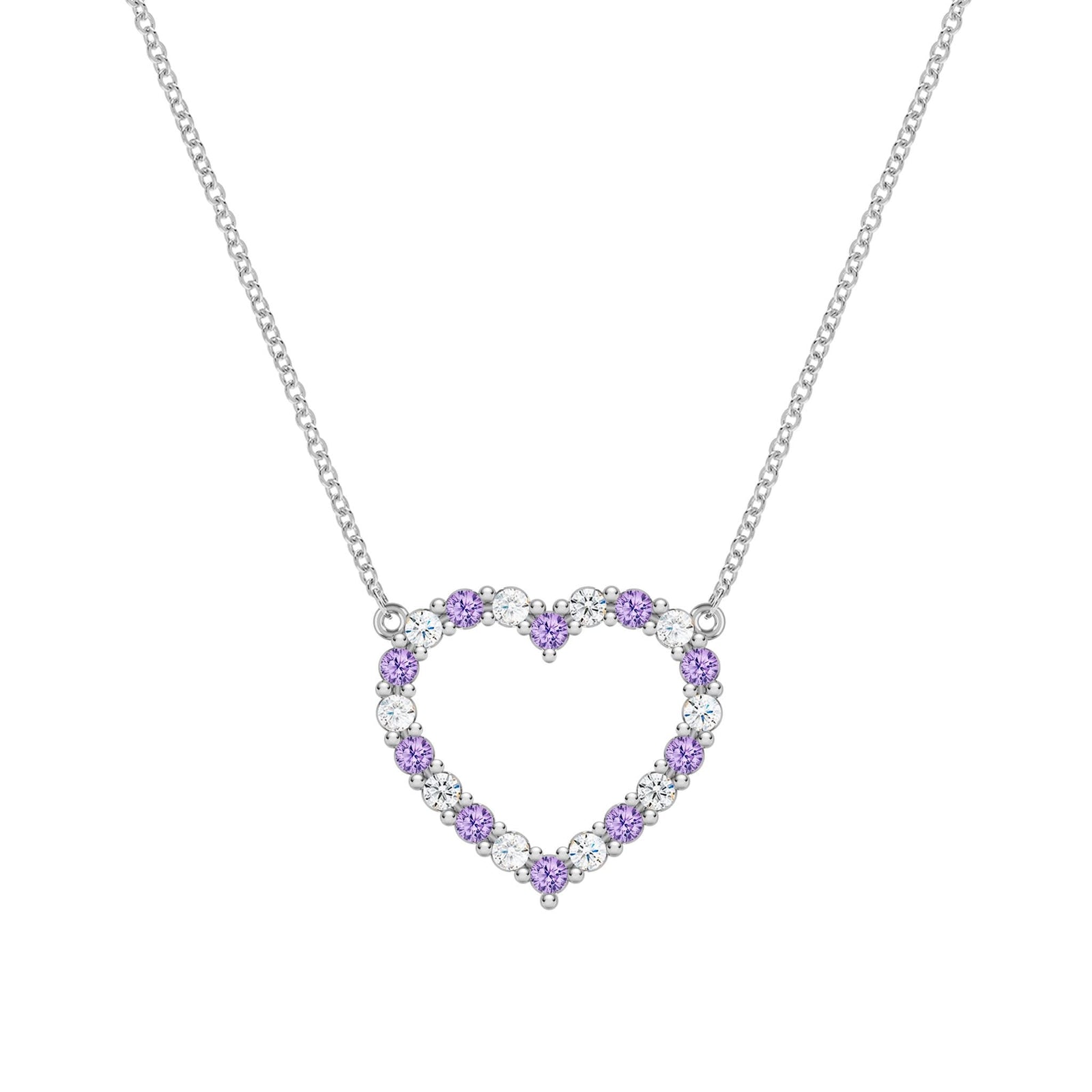 Rosecliff Heart Necklace featuring twenty alternating alexandrites and diamonds prong set in 14k white Gold