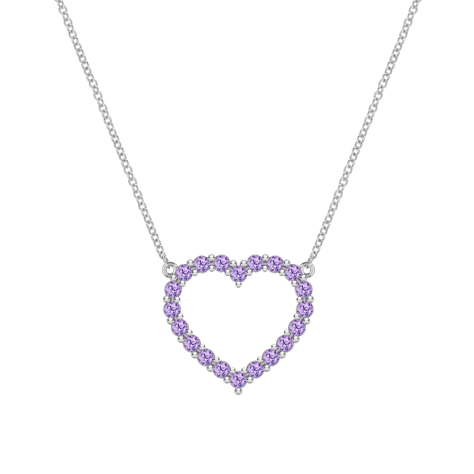Rosecliff Heart Necklace featuring twenty faceted round cut amethysts prong set in 14k white Gold
