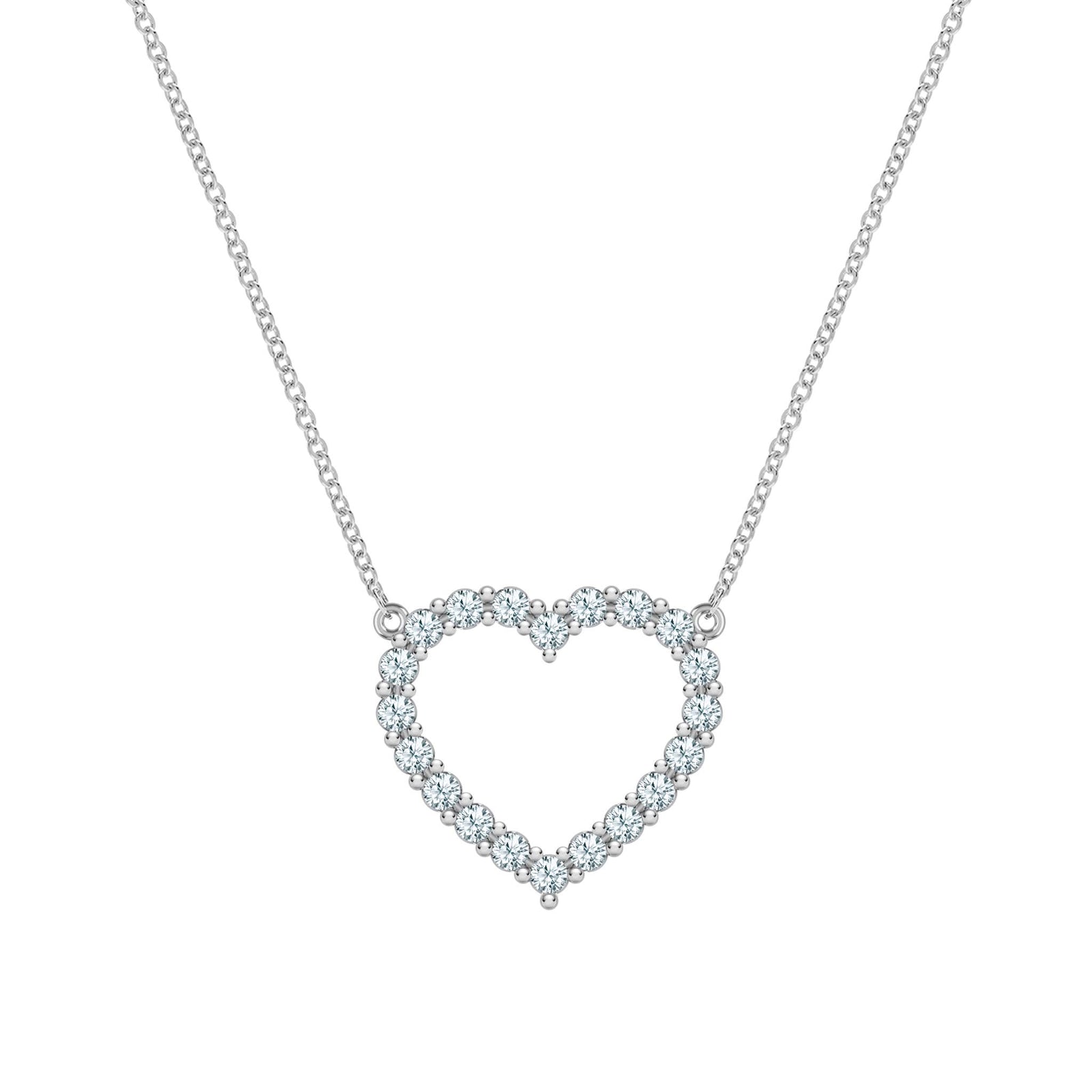 Rosecliff Heart Necklace featuring twenty faceted round cut aquamarines prong set in 14k white Gold