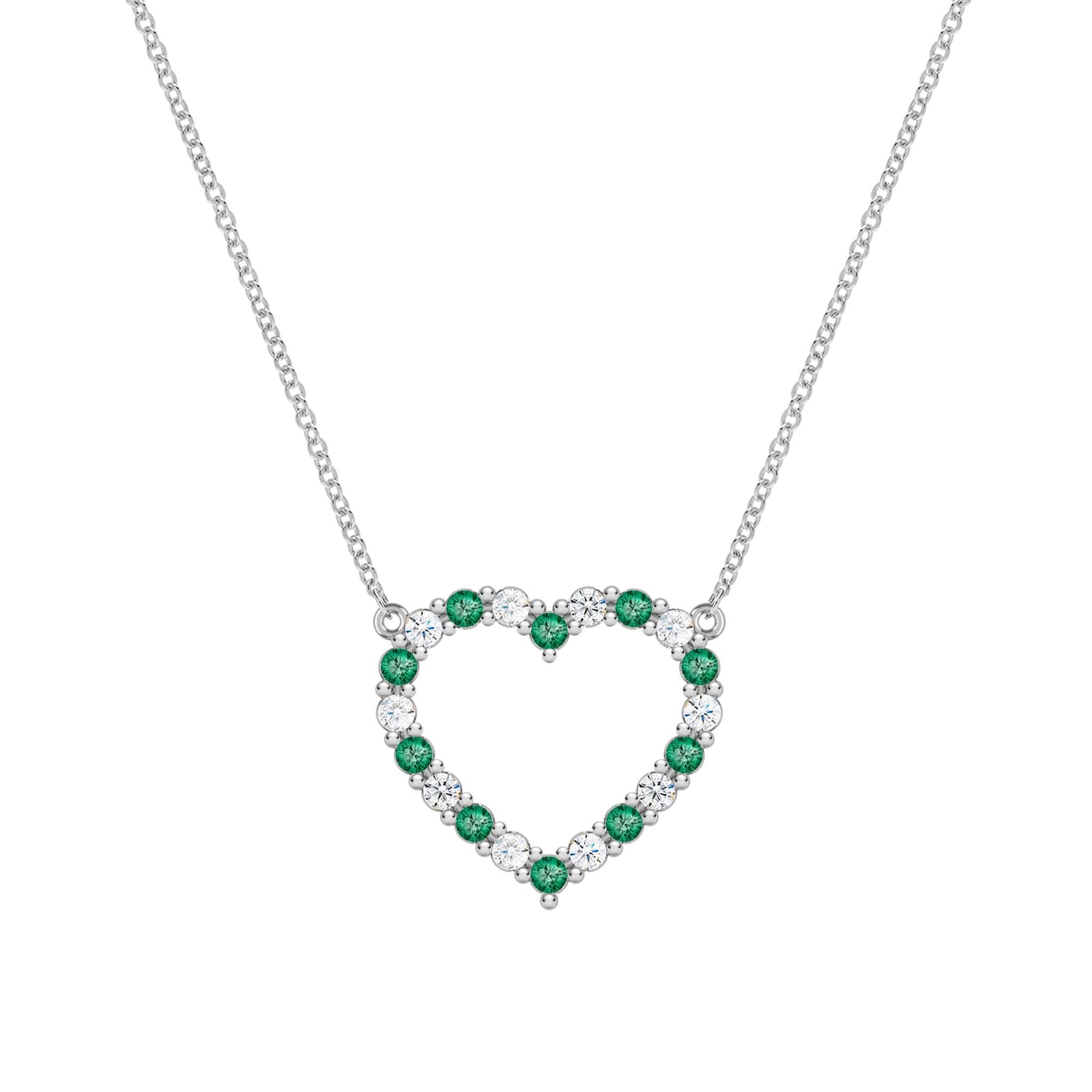 Rosecliff Heart Necklace featuring twenty alternating emeralds and diamonds prong set in 14k white Gold