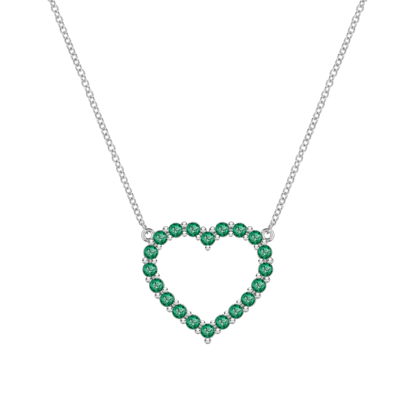 Rosecliff Heart Necklace featuring twenty faceted round cut emeralds prong set in 14k white Gold