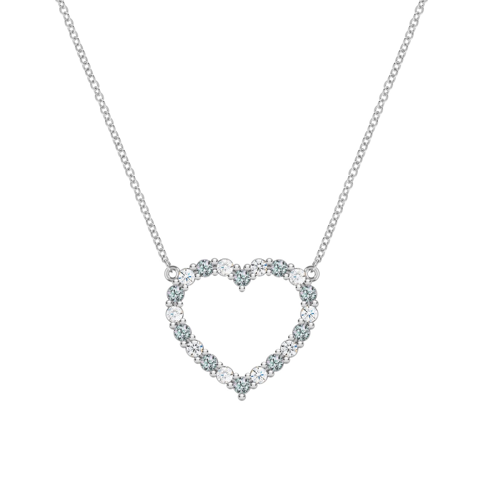 Rosecliff Heart Necklace featuring twenty alternating alexandrites and diamonds prong set in 14k white Gold