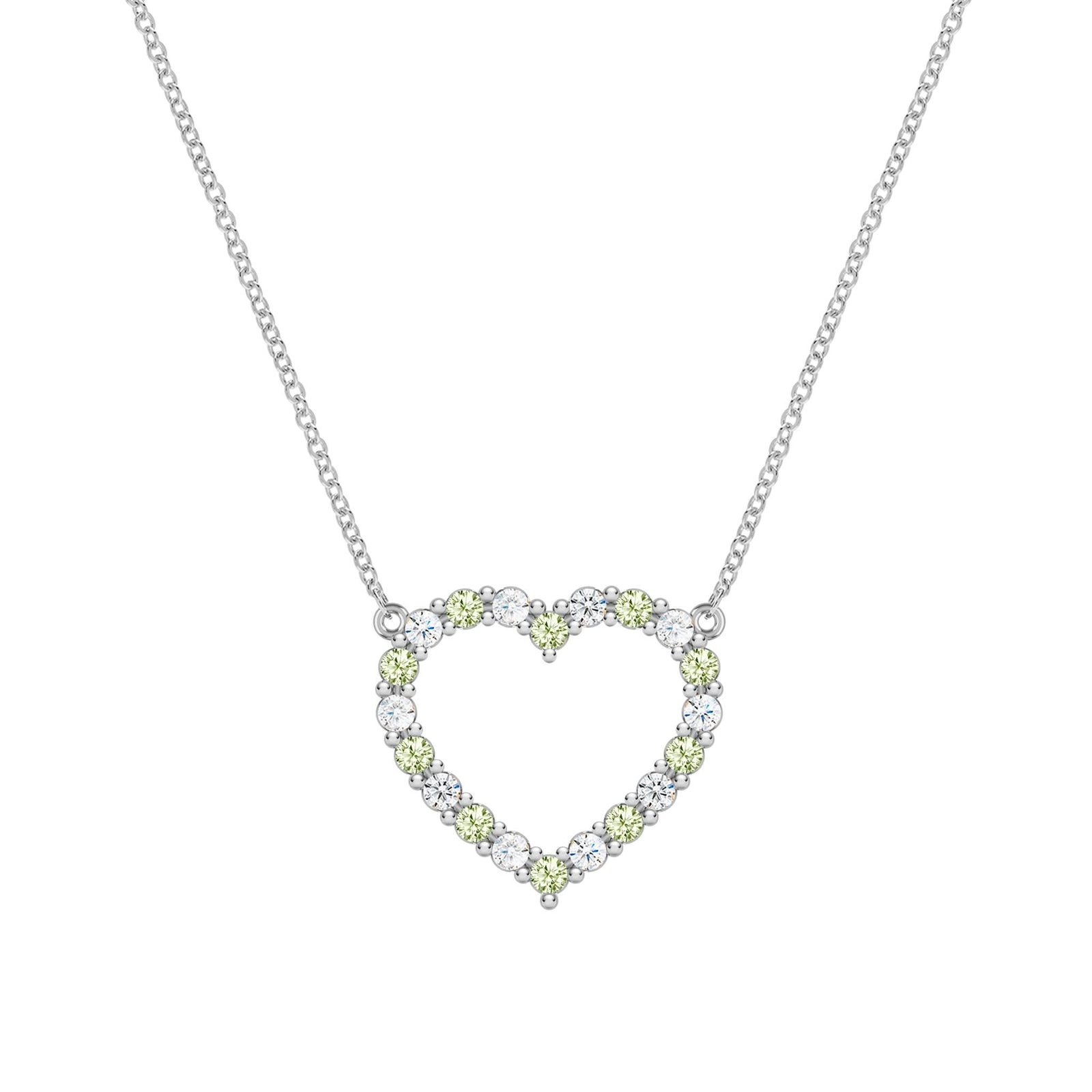 Rosecliff Heart Necklace featuring twenty alternating peridots and diamonds prong set in 14k white Gold