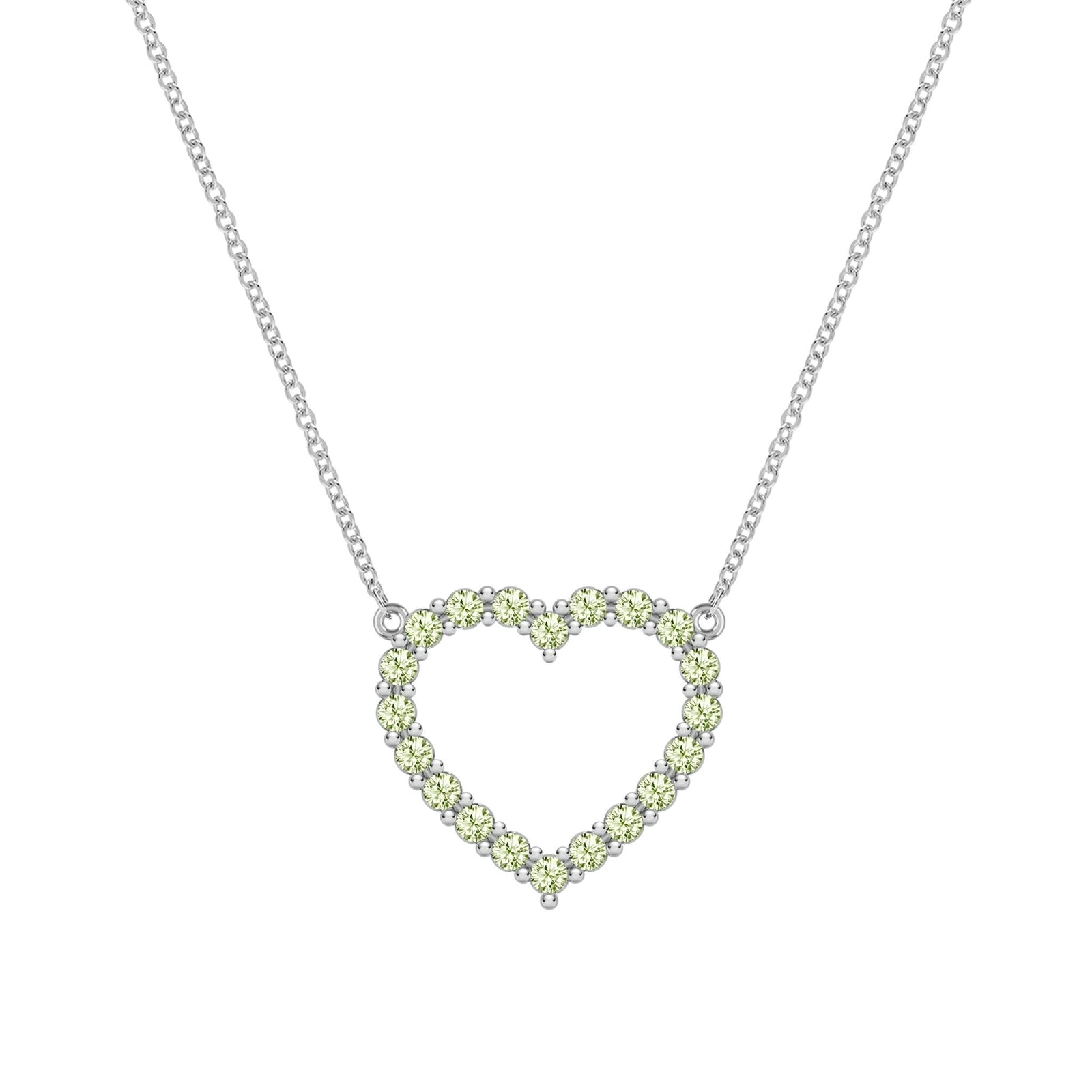 Rosecliff Heart Necklace featuring twenty faceted round cut peridots prong set in 14k white Gold