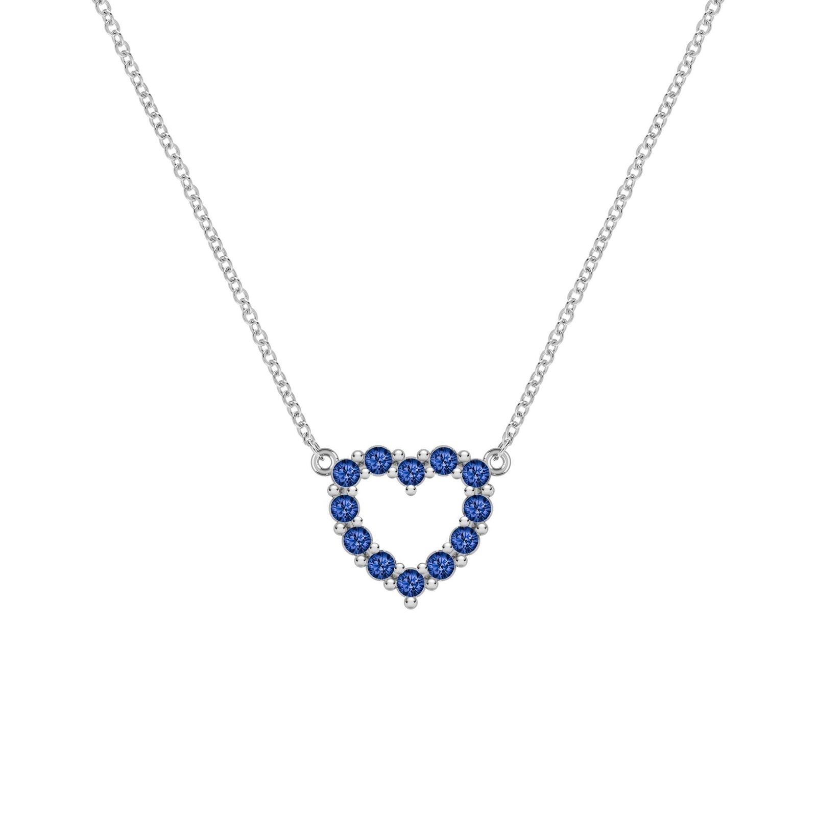 Rosecliff Heart Necklace featuring twelve faceted round cut sapphires prong set in 14k white Gold