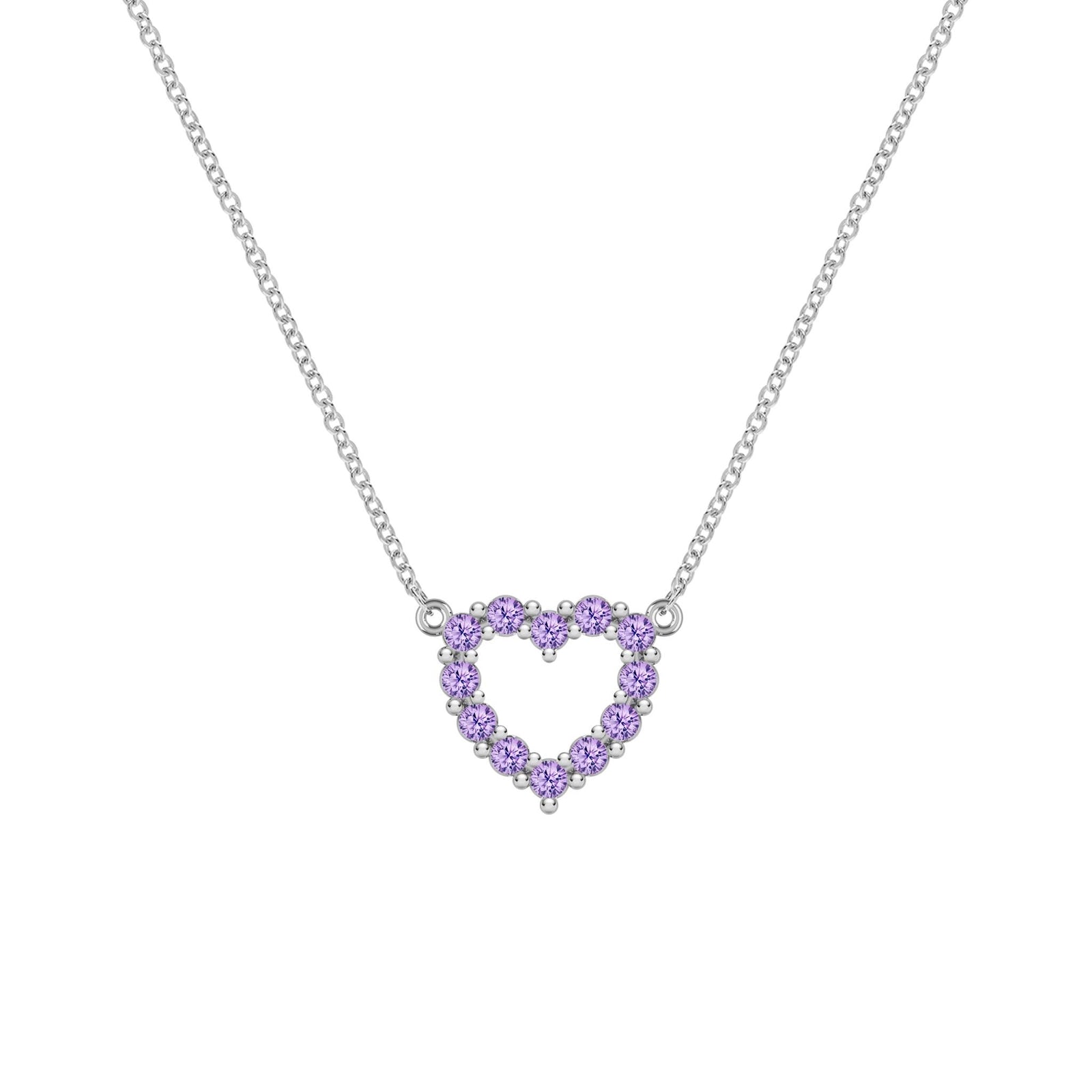 Rosecliff Heart Necklace featuring twelve faceted round cut amethysts prong set in 14k white Gold