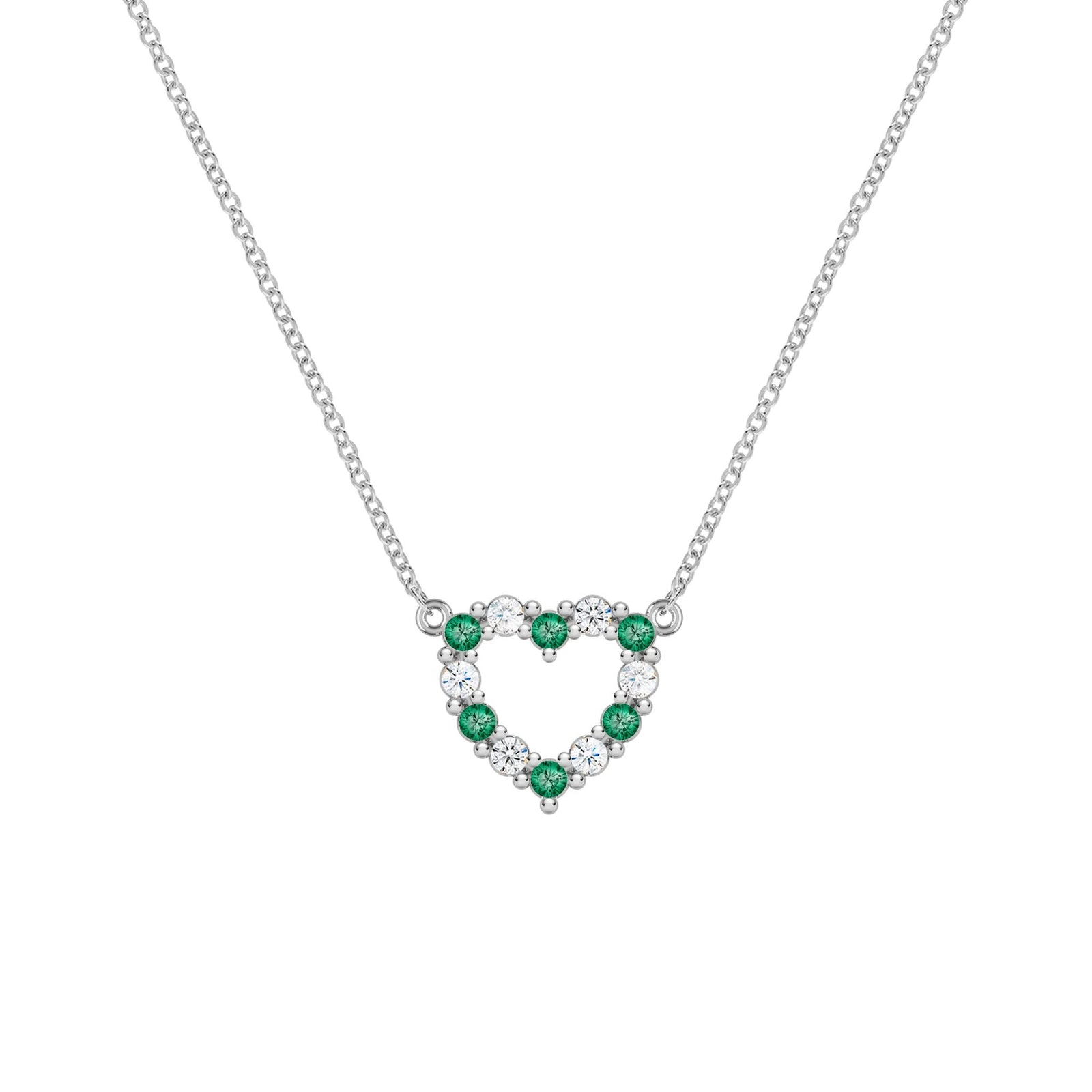 Rosecliff Heart Necklace featuring twelve alternating emeralds and diamonds prong set in 14k white Gold