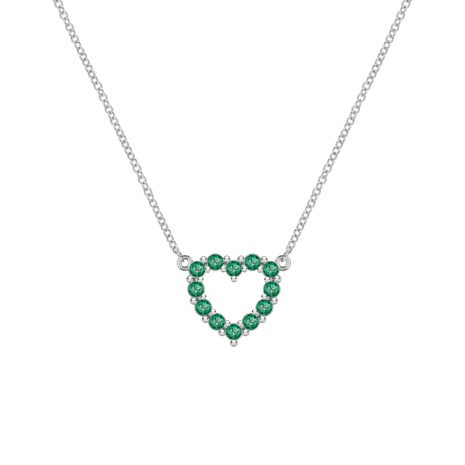 Rosecliff Heart Necklace featuring twelve faceted round cut emeralds prong set in 14k white Gold