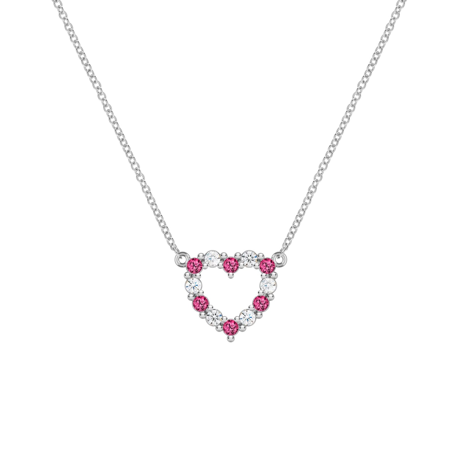 Rosecliff Heart Necklace featuring twelve alternating rubies and diamonds prong set in 14k white Gold