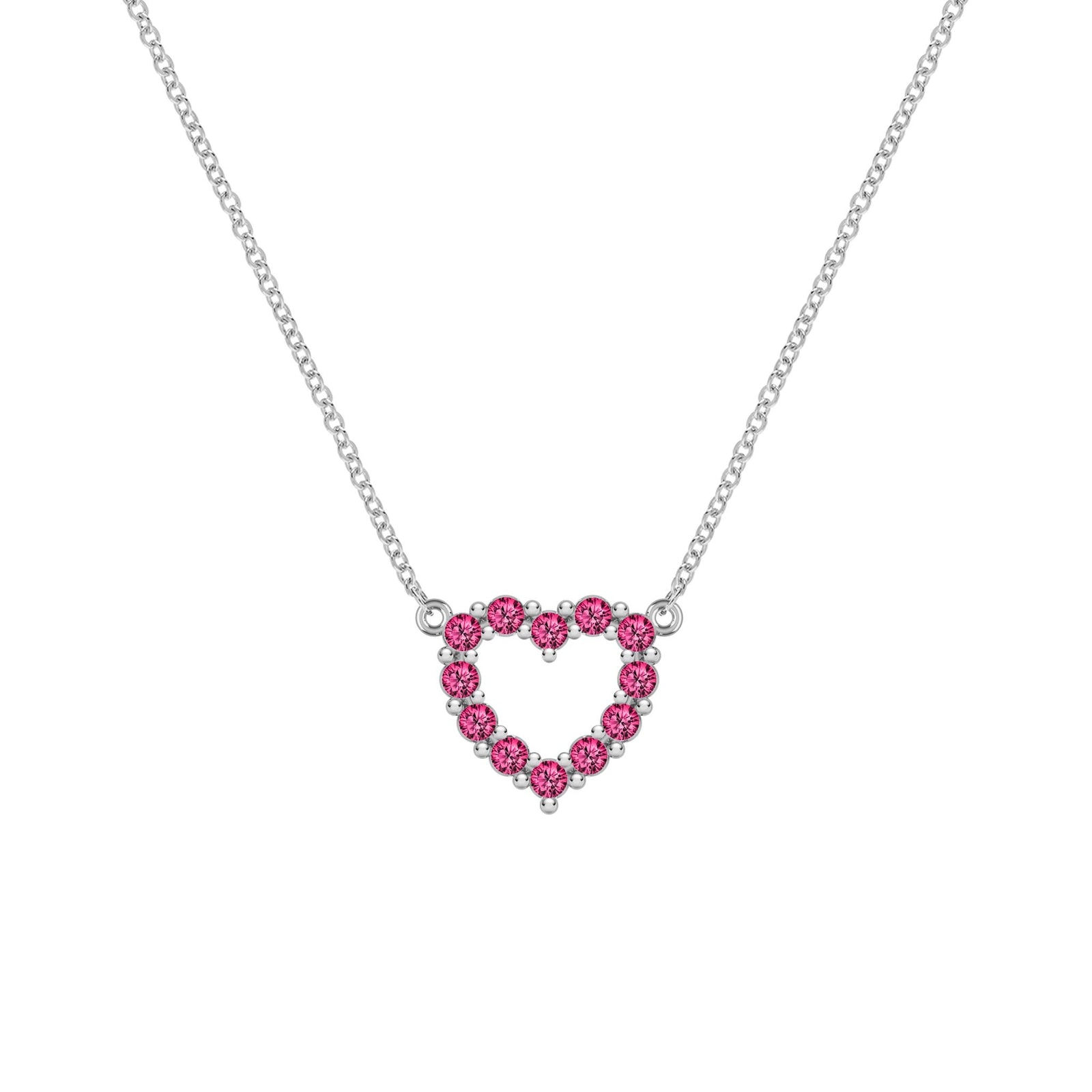 Rosecliff Heart Necklace featuring twelve faceted round cut rubies prong set in 14k white Gold