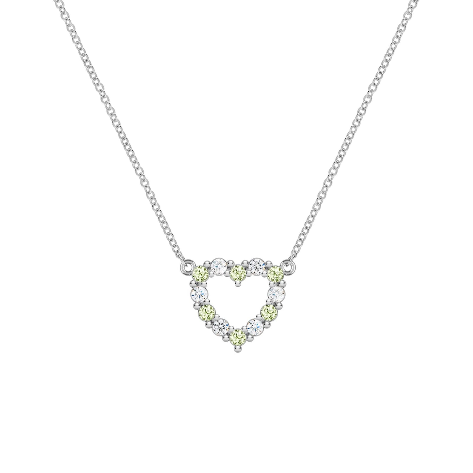 Rosecliff Heart Necklace featuring twelve alternating peridots and diamonds prong set in 14k white Gold