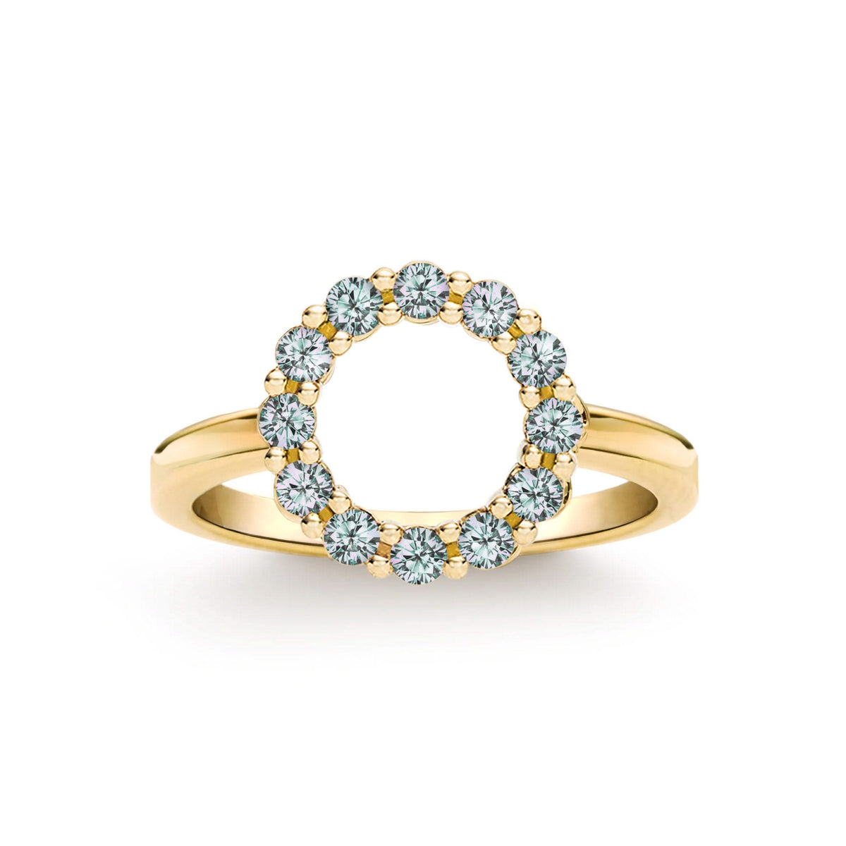 Rosecliff small open circle ring featuring twelve 2 mm round cut alexandrites prong set in 14k yellow gold - front view