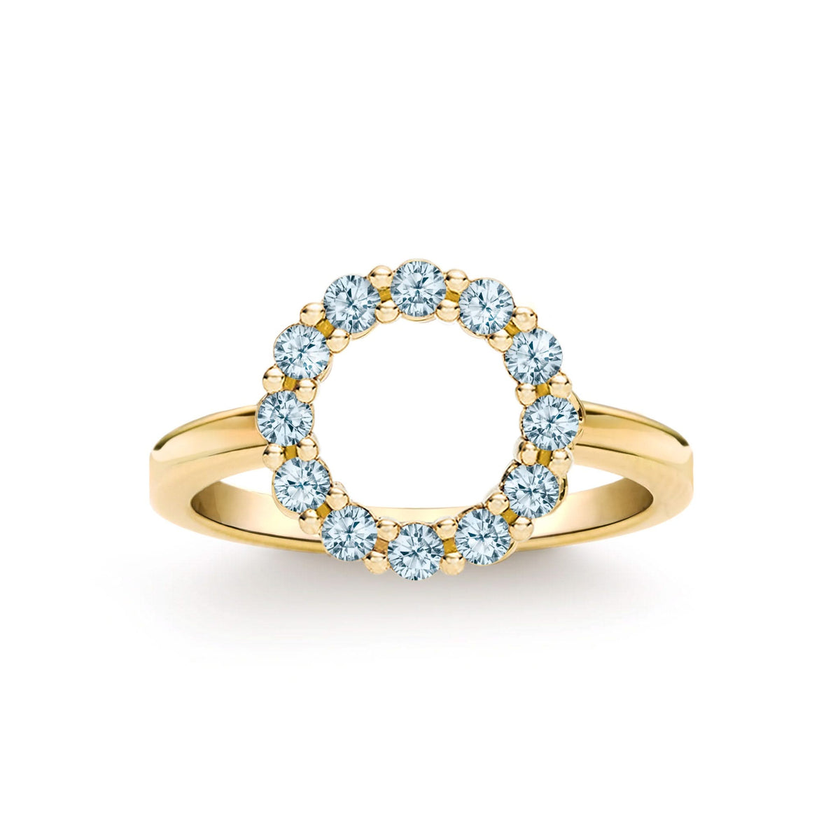 Rosecliff small open circle ring featuring twelve 2 mm round cut Nantucket blue topaz prong set in 14k gold - front view