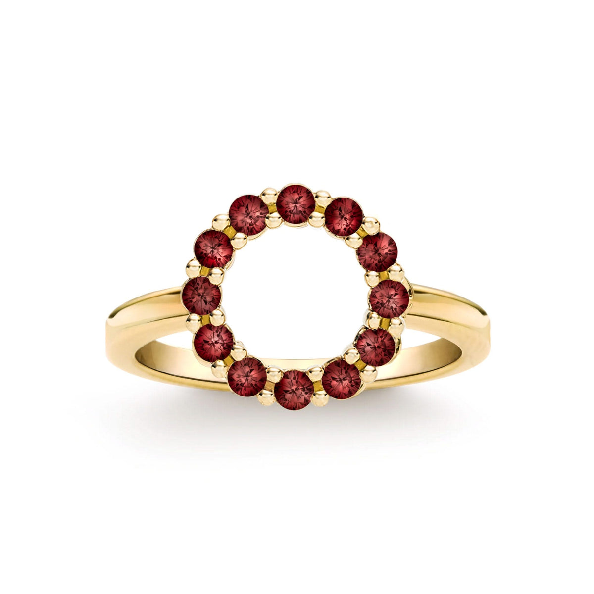 Rosecliff small open circle ring featuring twelve 2 mm faceted round cut garnets prong set in 14k yellow gold - front view