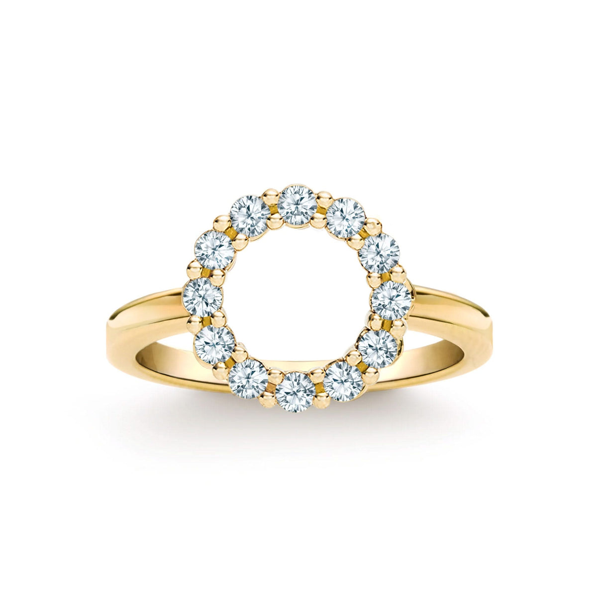 Rosecliff small open circle ring featuring twelve 2 mm faceted round cut aquamarines prong set in 14k gold - front view