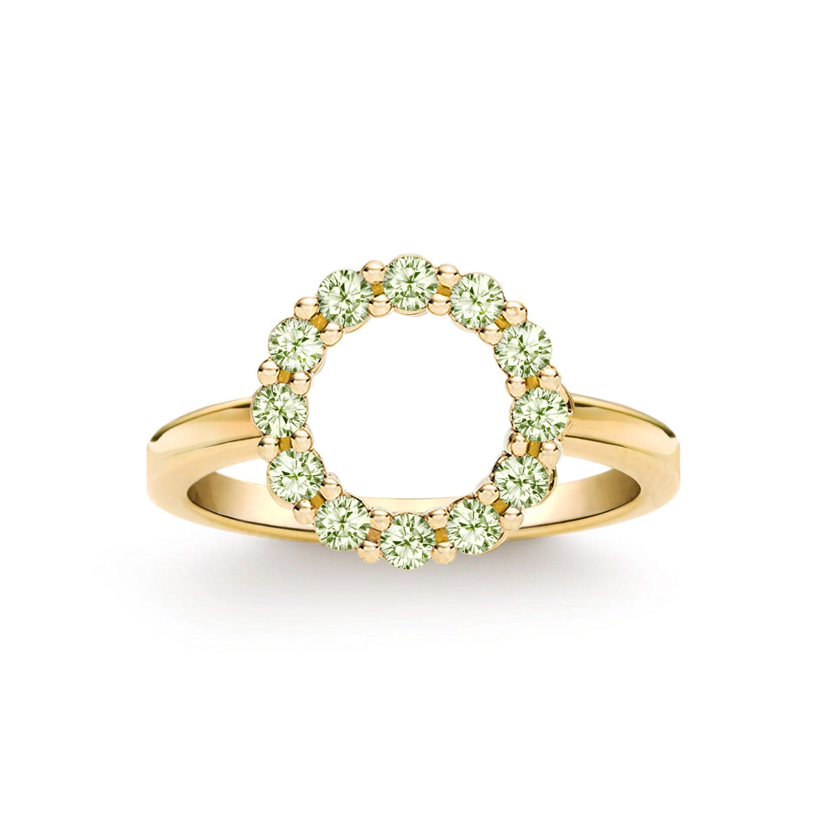 Rosecliff small open circle ring featuring twelve 2 mm faceted round cut peridots prong set in 14k yellow gold - front view