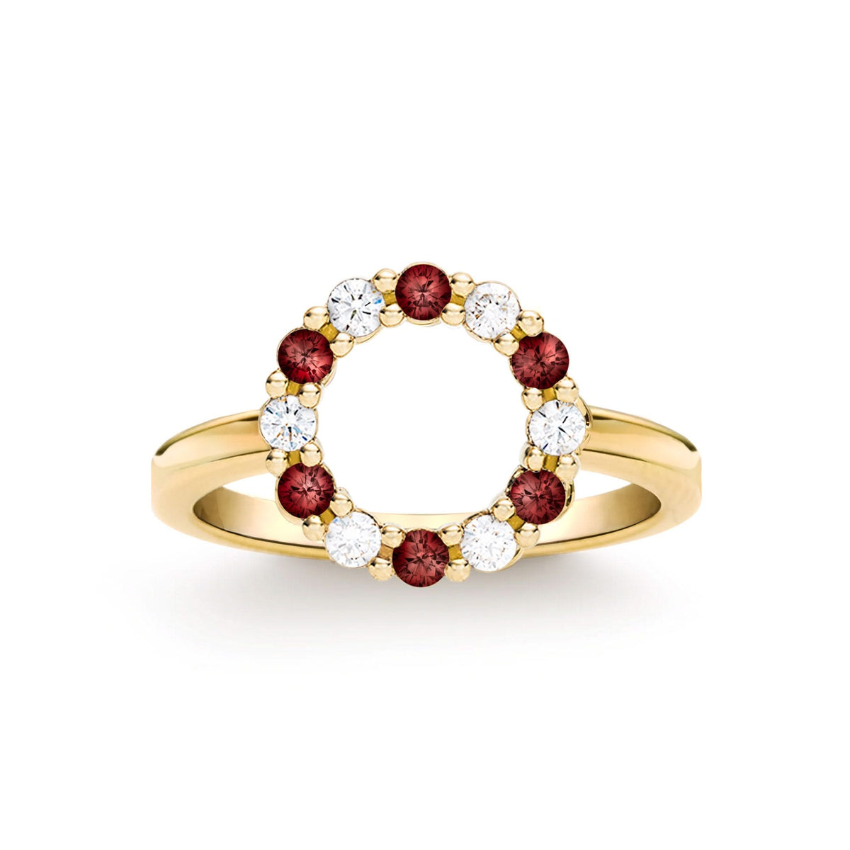 Rosecliff small open circle ring featuring twelve alternating 2 mm garnets and diamonds prong set in 14k gold - front view