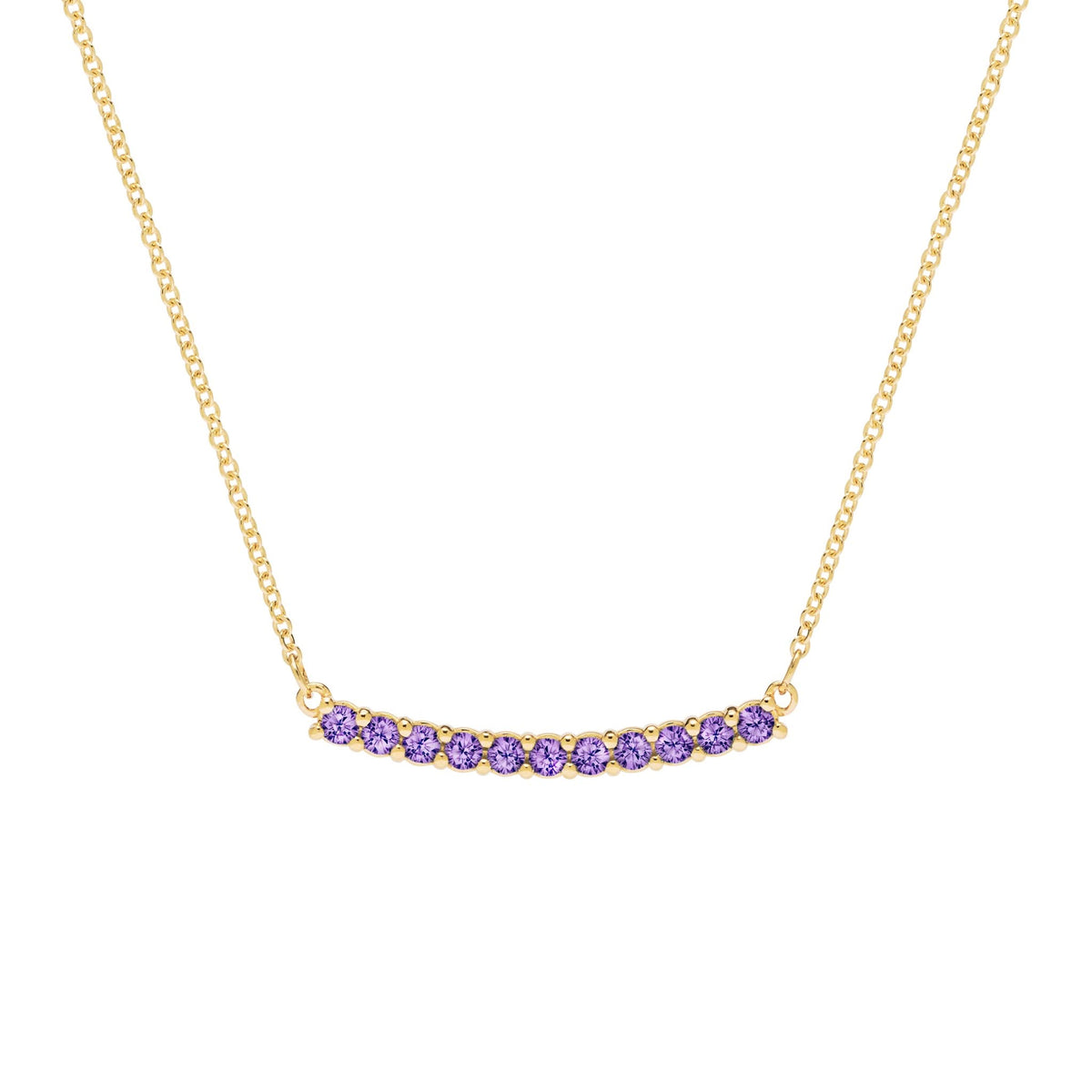Rosecliff bar necklace with eleven 2 mm faceted round cut amethysts prong set in solid 14k yellow gold - front view