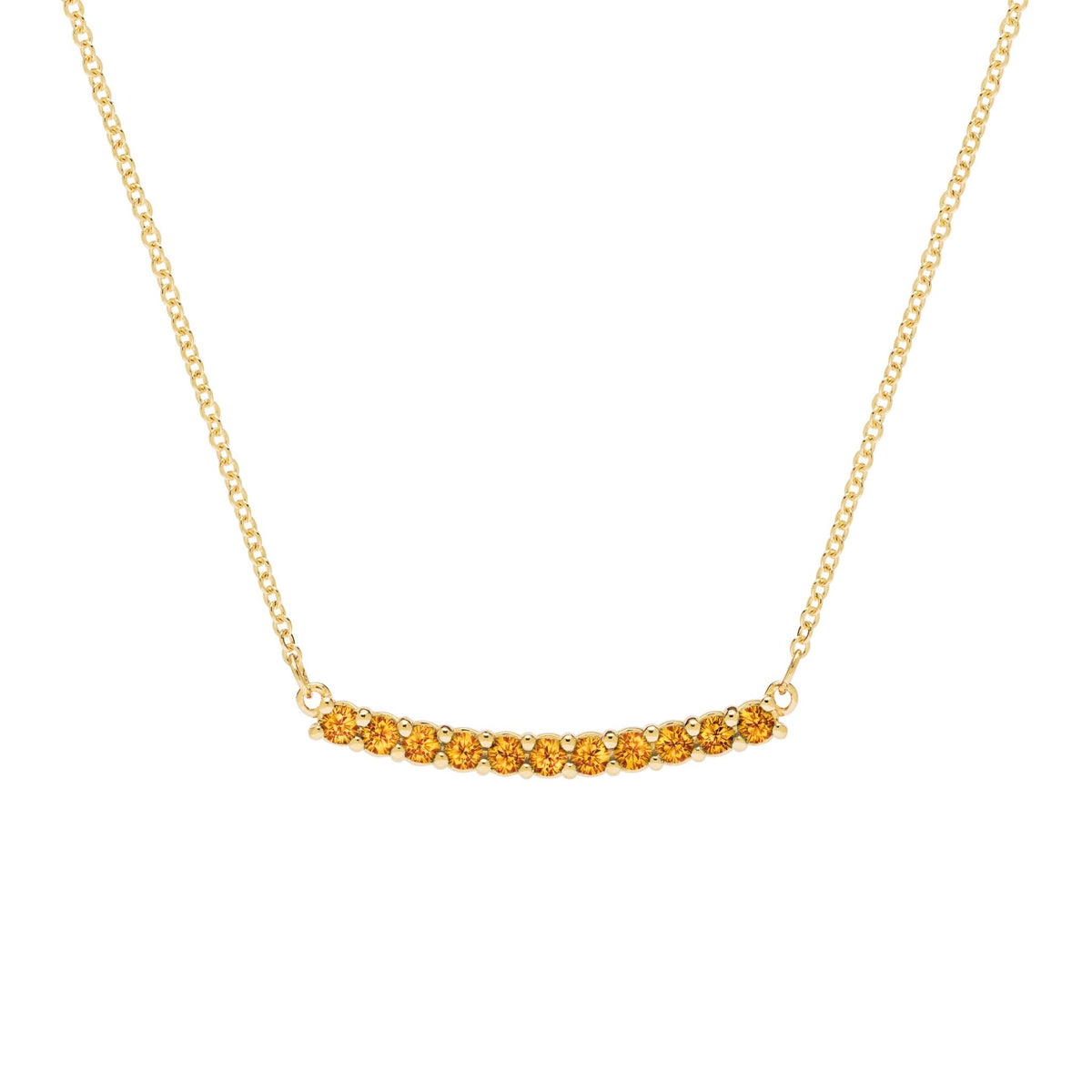 Rosecliff bar necklace with eleven 2 mm faceted round cut citrines prong set in solid 14k yellow gold - front view