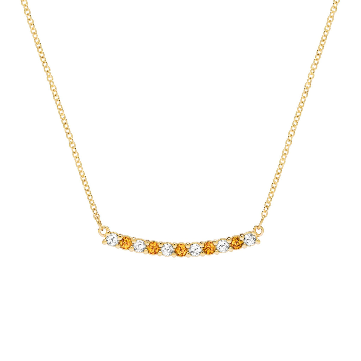 Rosecliff bar necklace with eleven alternating 2 mm faceted citrines and diamonds prong set in 14k yellow gold - front view