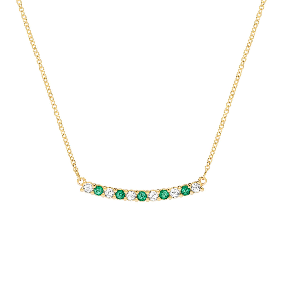 Rosecliff bar necklace with eleven alternating 2 mm round cut emeralds and diamonds prong set in 14k gold - front view